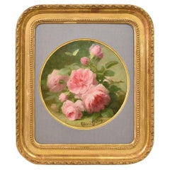 Antique Still Life, Flowers Vase Painting, Rose and Butterfly, Oil on Cardboard, XIX