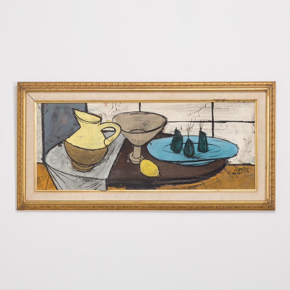 Gilt framed still life table scene painting by Charles Levier, 1970s signed.

Charles Levier was Corsican born in 1920 to a French Father and American Mother. He died in 2004.