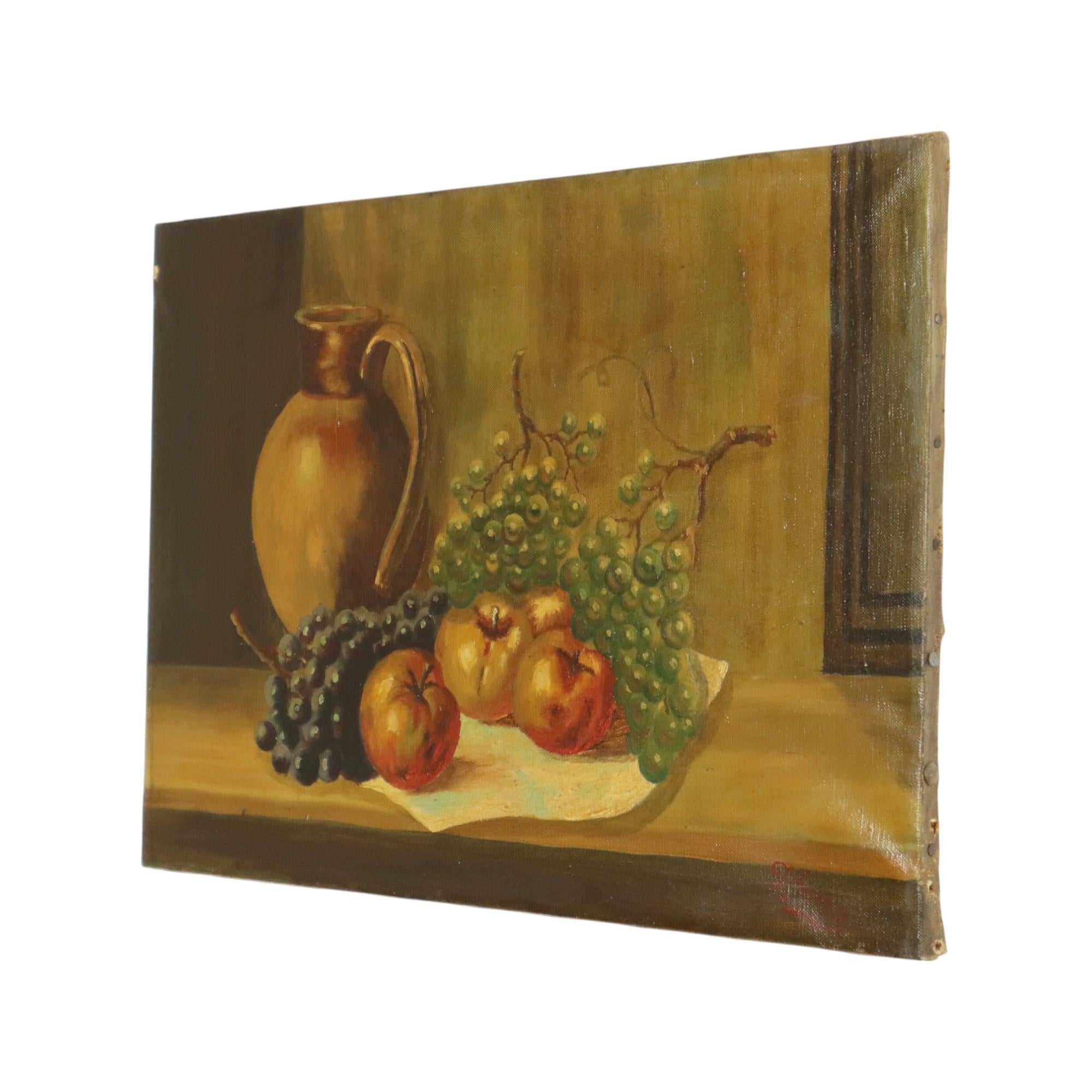 Stillleben Obst mit Krug Öl auf Leinwand Gemälde signiert im Angebot 3