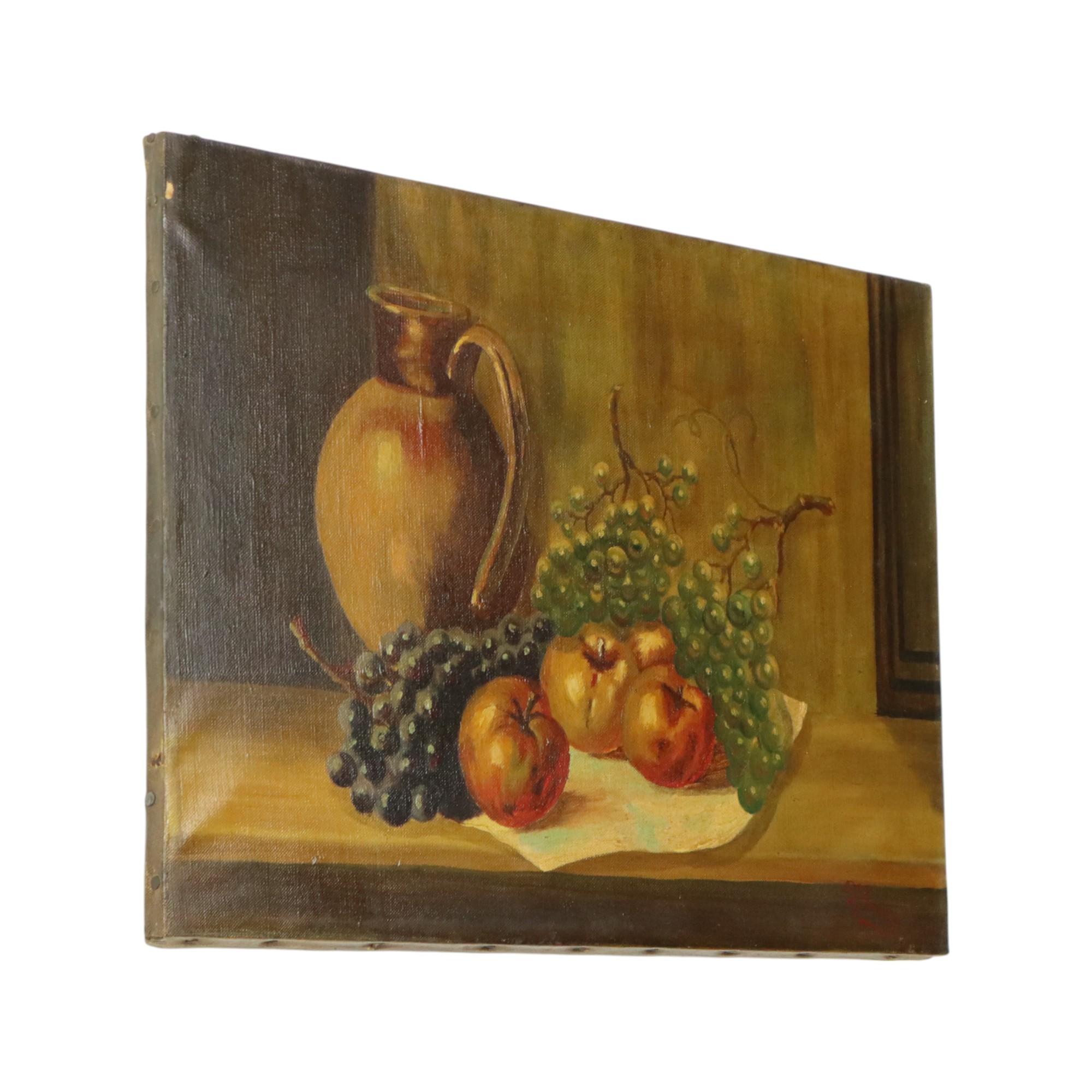 Stillleben Obst mit Krug Öl auf Leinwand Gemälde signiert im Angebot 4