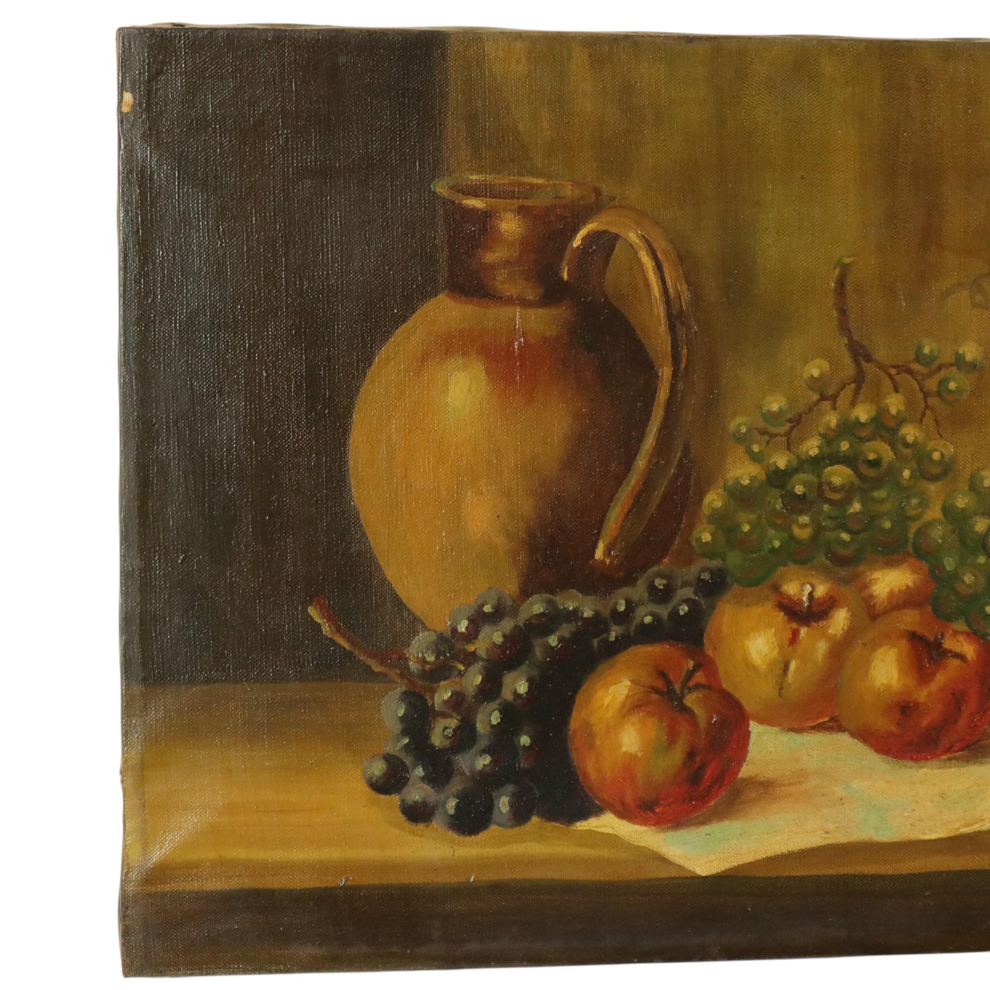 Altes Gemälde, Stillleben mit Früchten und einem Steingutkrug, klassische Komposition, Öl auf Leinwand, rechts unten signiert J. Goens, undatiert, aber vorsichtig auf die erste Hälfte des 20. Auf der Rückseite befindet sich noch ein Papieretikett