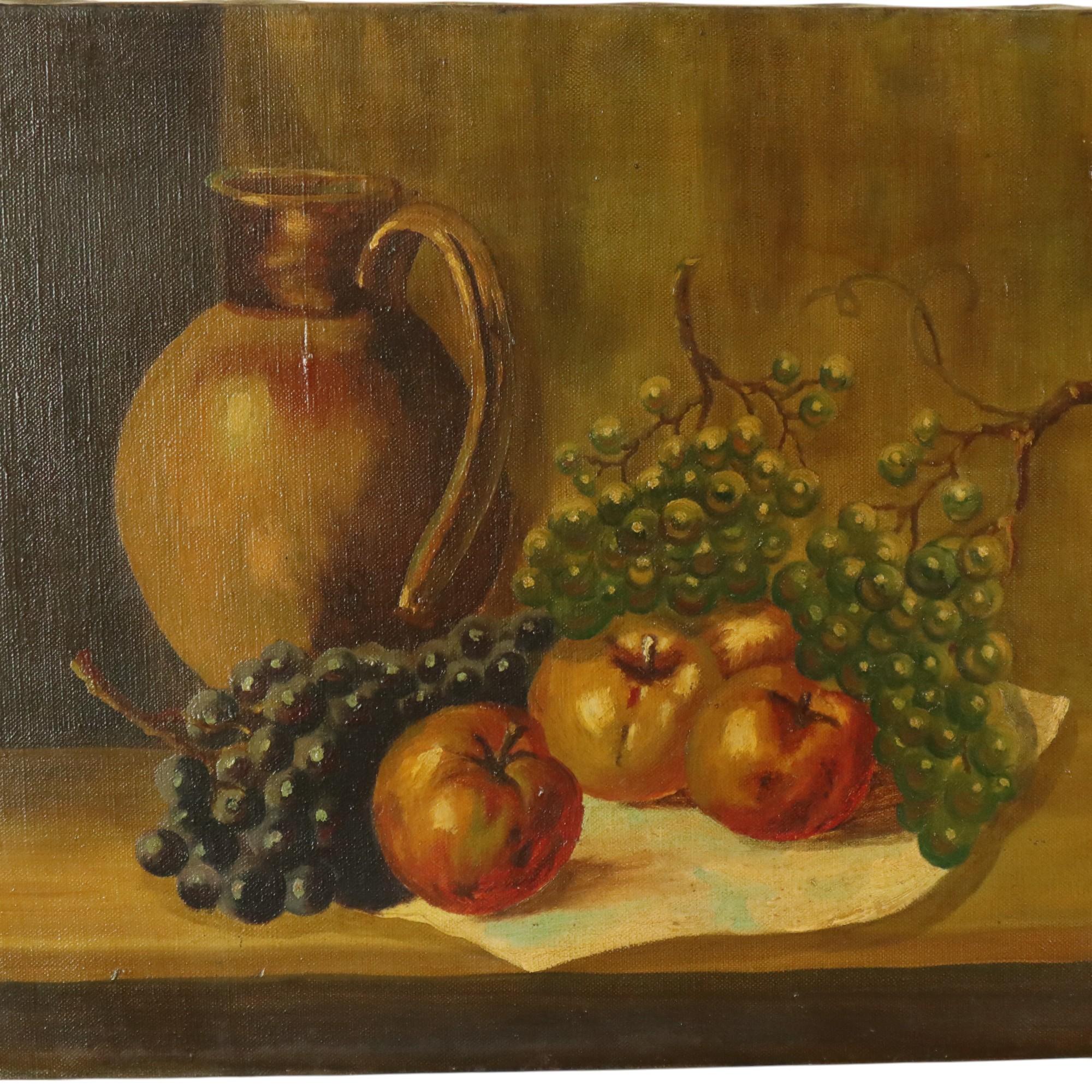 Stillleben Obst mit Krug Öl auf Leinwand Gemälde signiert (Art nouveau) im Angebot