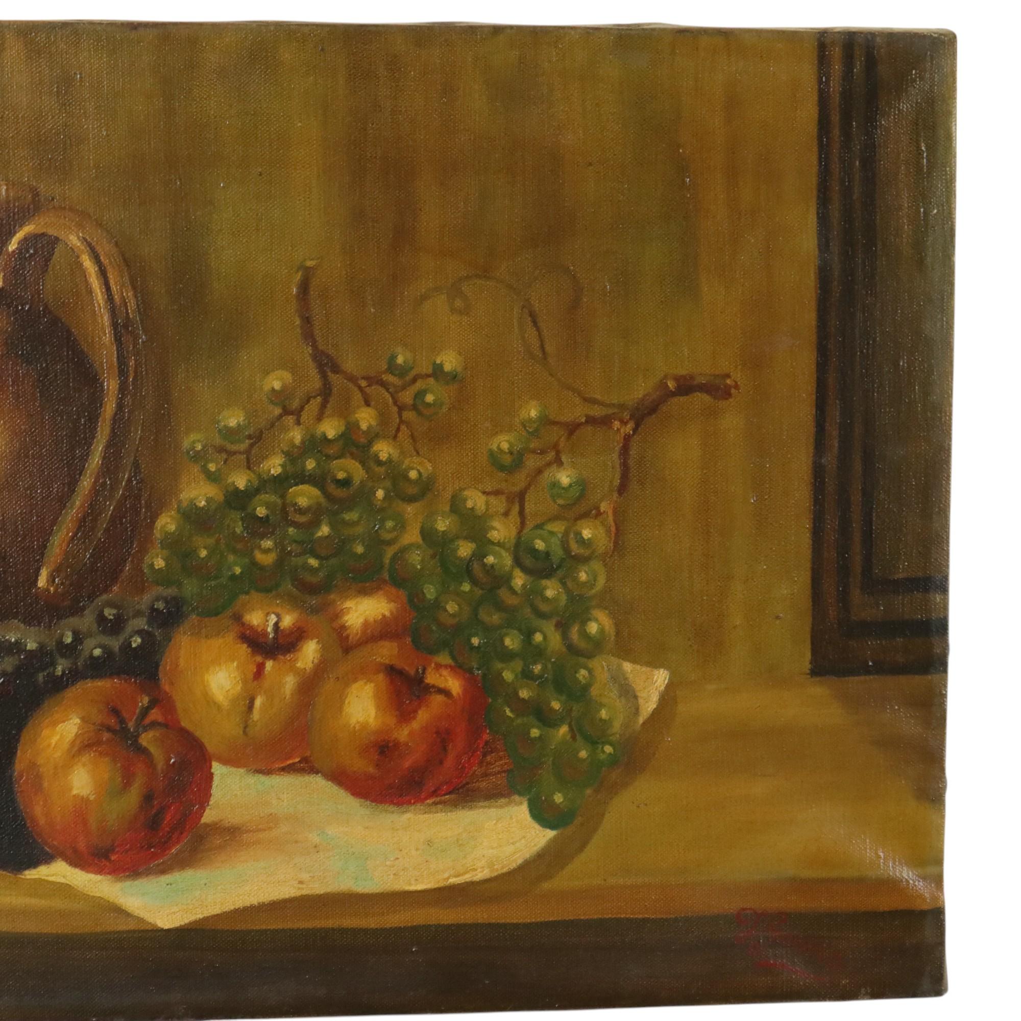 Stillleben Obst mit Krug Öl auf Leinwand Gemälde signiert (Belgisch) im Angebot