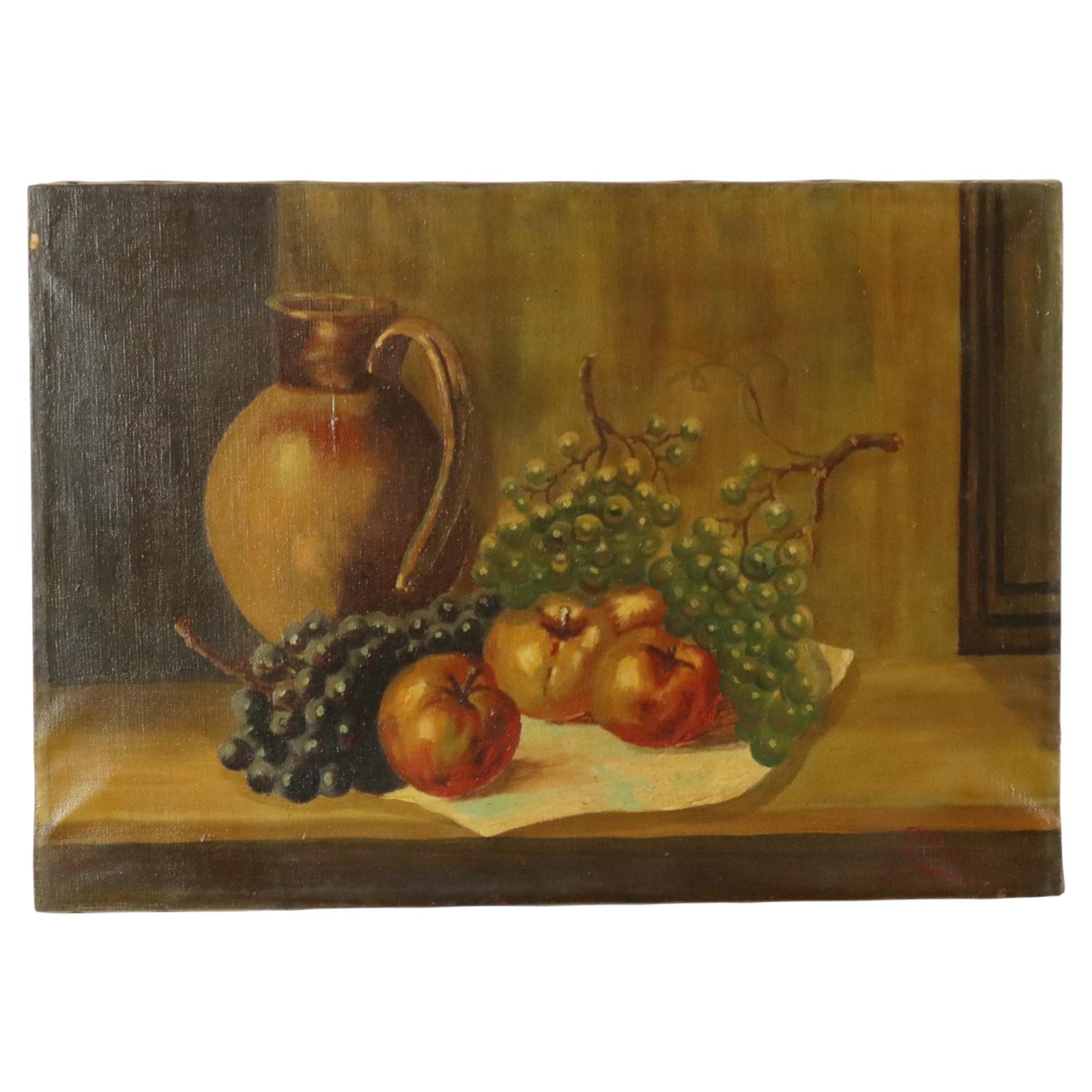 Still Life Fruit with a Jug Oil on Canvas Painting Signed
