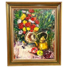Nature morte "fruits et fleurs" Grande huile sur toile