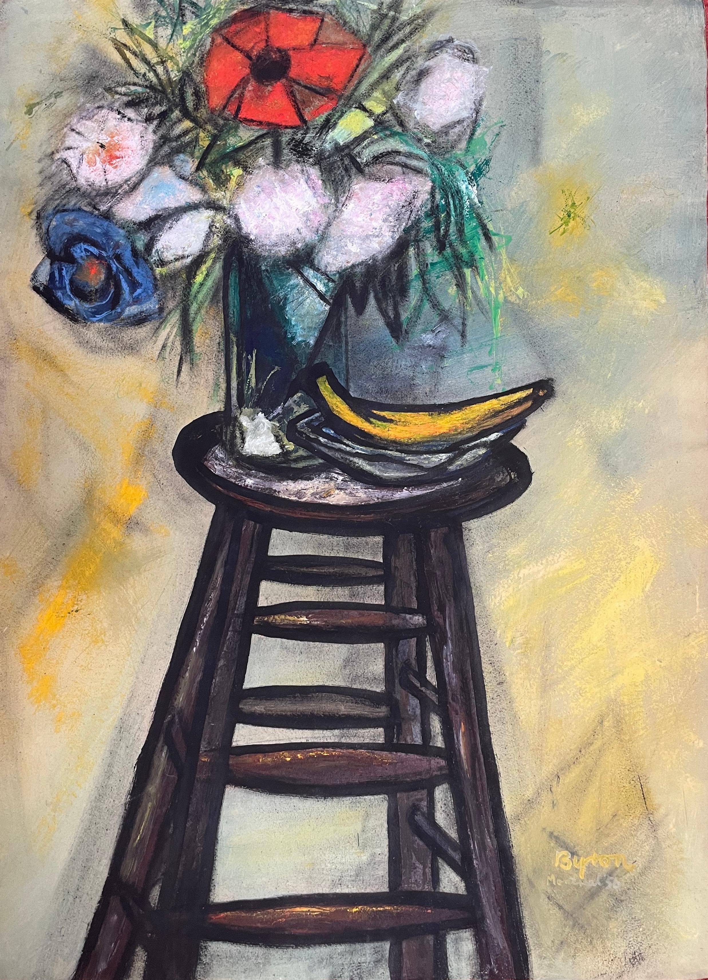 Artista Byron Randall, Firmato e datato.
Una natura morta espressiva post-impressionista. In alto a sinistra un vaso con fiori lussuosi, mentre in primo piano c'è una banana in una piccola fruttiera.
Questo pezzo è un'ottima combinazione dei