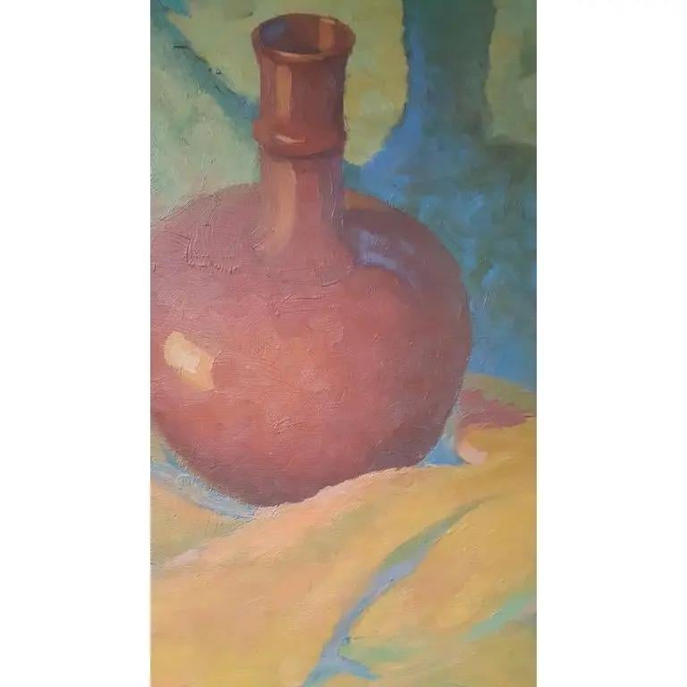 1930s pointillism style still life painting depicting pottery vessels. Original gold leaf, museum quality frame. Deep, rich color palette. Laura Mills was a tennis pro in the 1920s in New York. Proceeding her tennis career she began to paint and