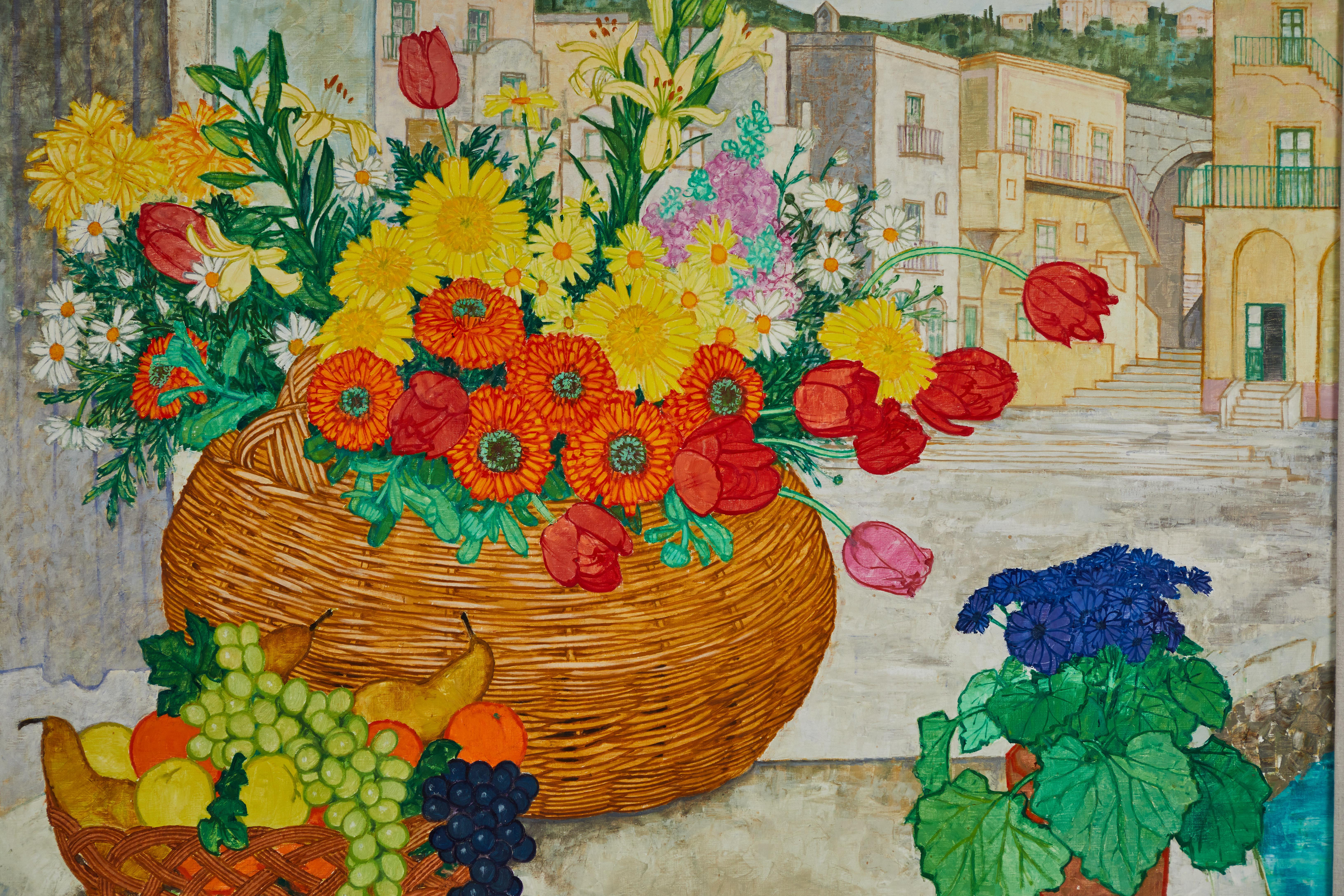 This signed painting by Frederick Jessup (1920-2007), depicts a floral and fruit arrangement in a basket in a quaint village. The wooden frame has a gold finish. This artwork is from the collection of Lee Philip Bell, the co-creator of The Young and
