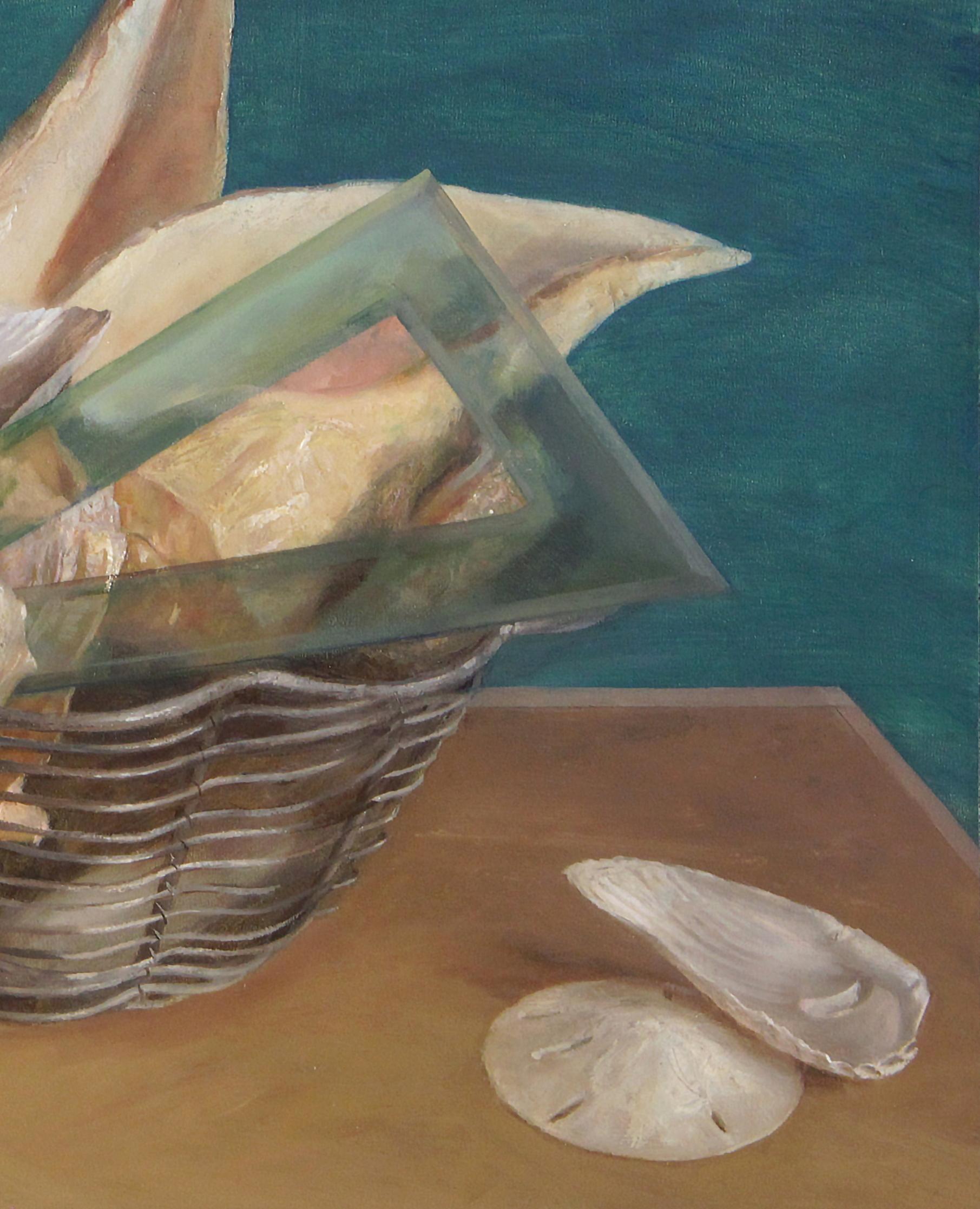A silver wired basket holds several large seashells as well as various architectural tools. The varied textures, shapes and colors of the objects are rendered with careful detail, from the pale pink pearled interior of the conch shell to the