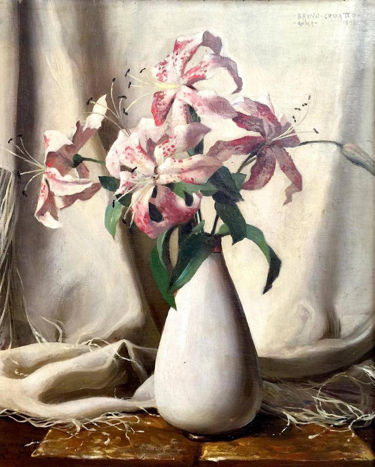 Bruno Croatto (Trieste 1875-Roma 1948)
Vase with lily flowers
Signed and dated top right: Bruno Croatto Roma, 1947

Bruno Croatto completed his training in Trieste and later perfected his career in Munich by starting in 1897 (L'eletta exposed in