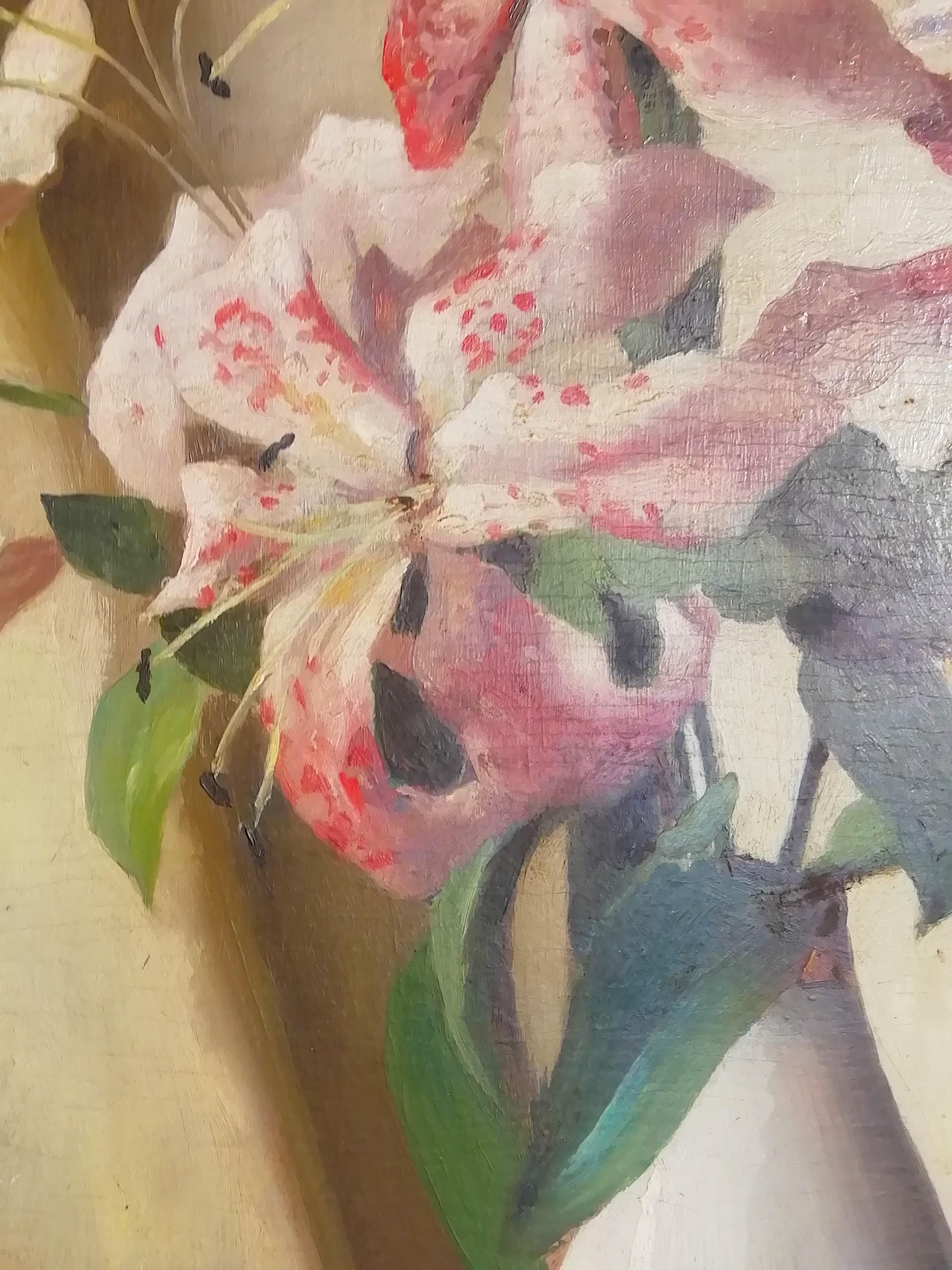 Still Life Lily Flower Vase, Bruno Croatto 20 Century Oil Italian Painting In Good Condition In Rome, Italy