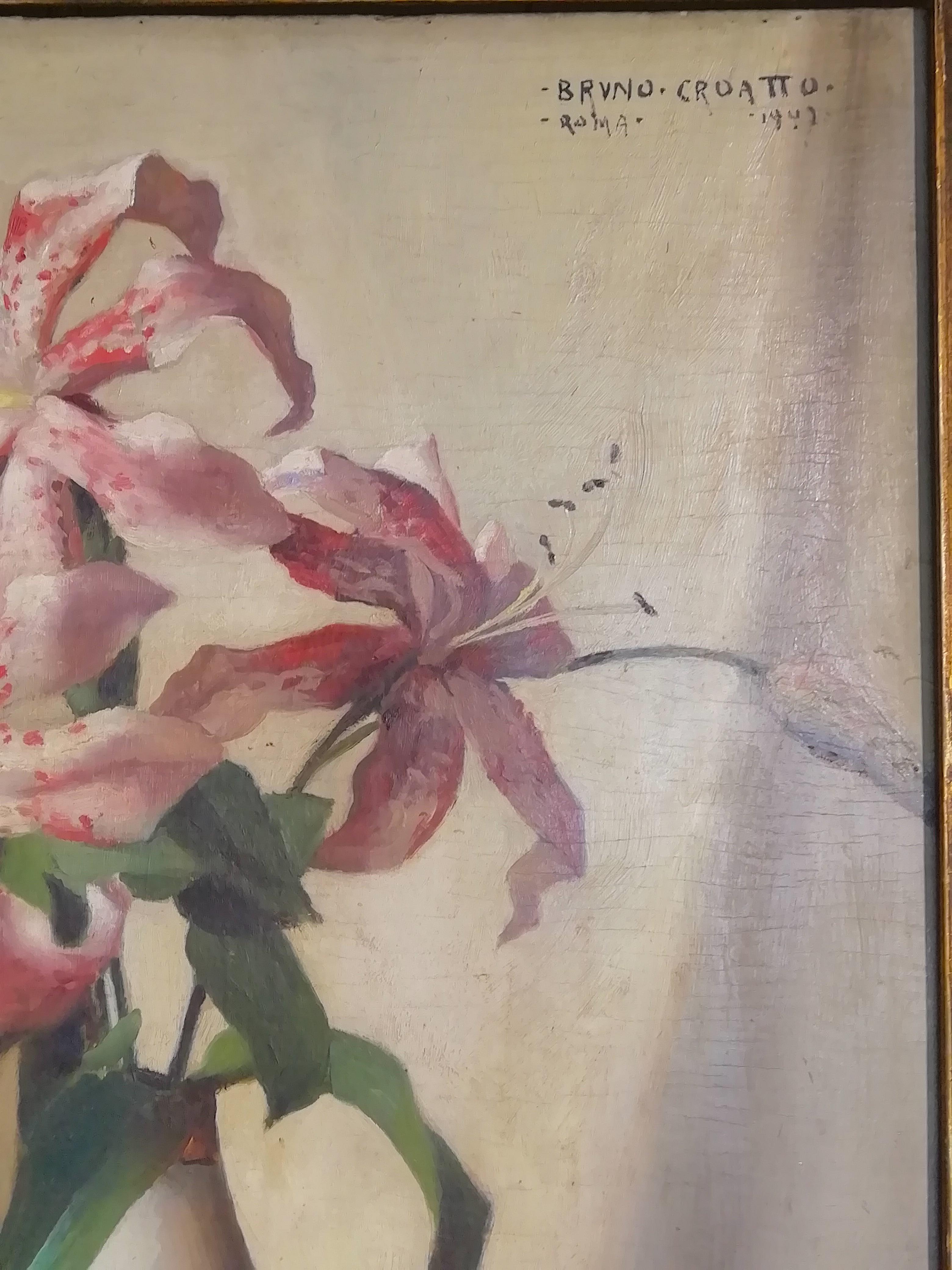 Mid-20th Century Still Life Lily Flower Vase, Bruno Croatto 20 Century Oil Italian Painting