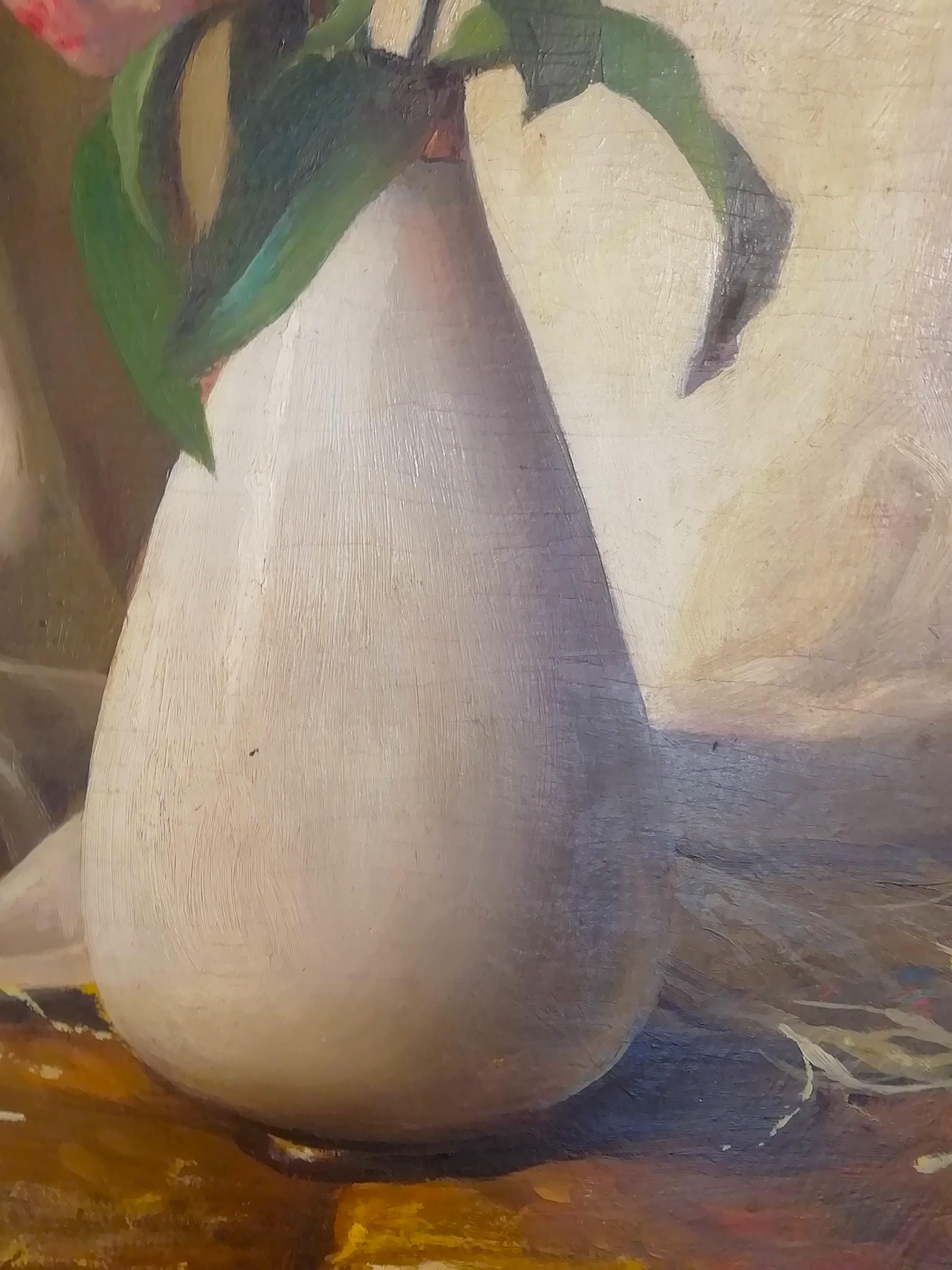 Wood Still Life Lily Flower Vase, Bruno Croatto 20 Century Oil Italian Painting