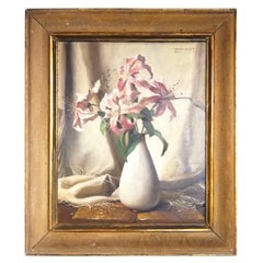 Vintage Still Life Lily Flower Vase, Bruno Croatto 20 Century Oil Italian Painting