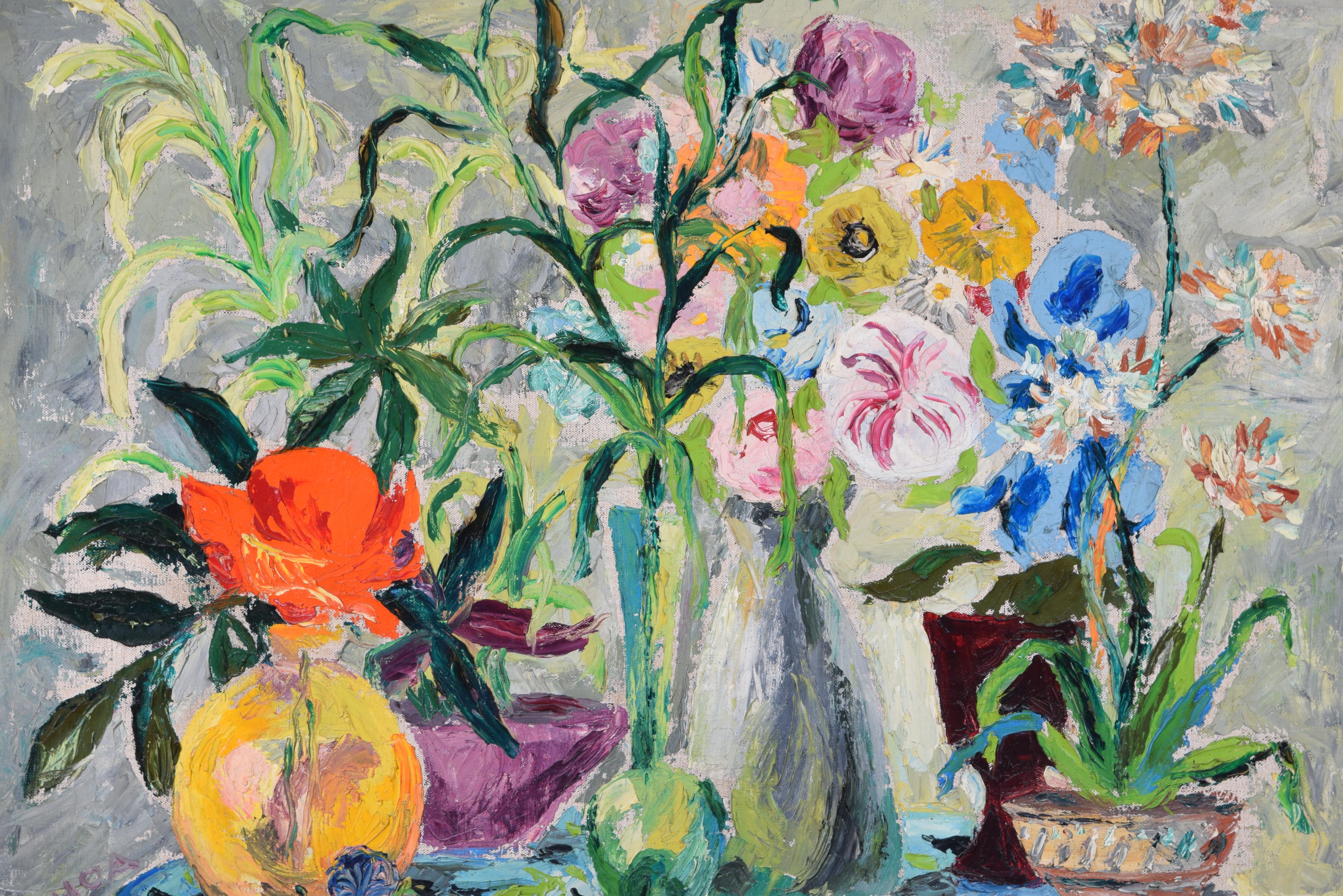 Still life of flowers. Oil on canvas. GARCÍA-OCHOA IBÁÑEZ, Luis (San Sebastián, 1920-Madrid, 2019). 1949. 
Signed and dated towards the lower left corner. Label on the back. 
Still life that shows a round table covered with cloth and a series of