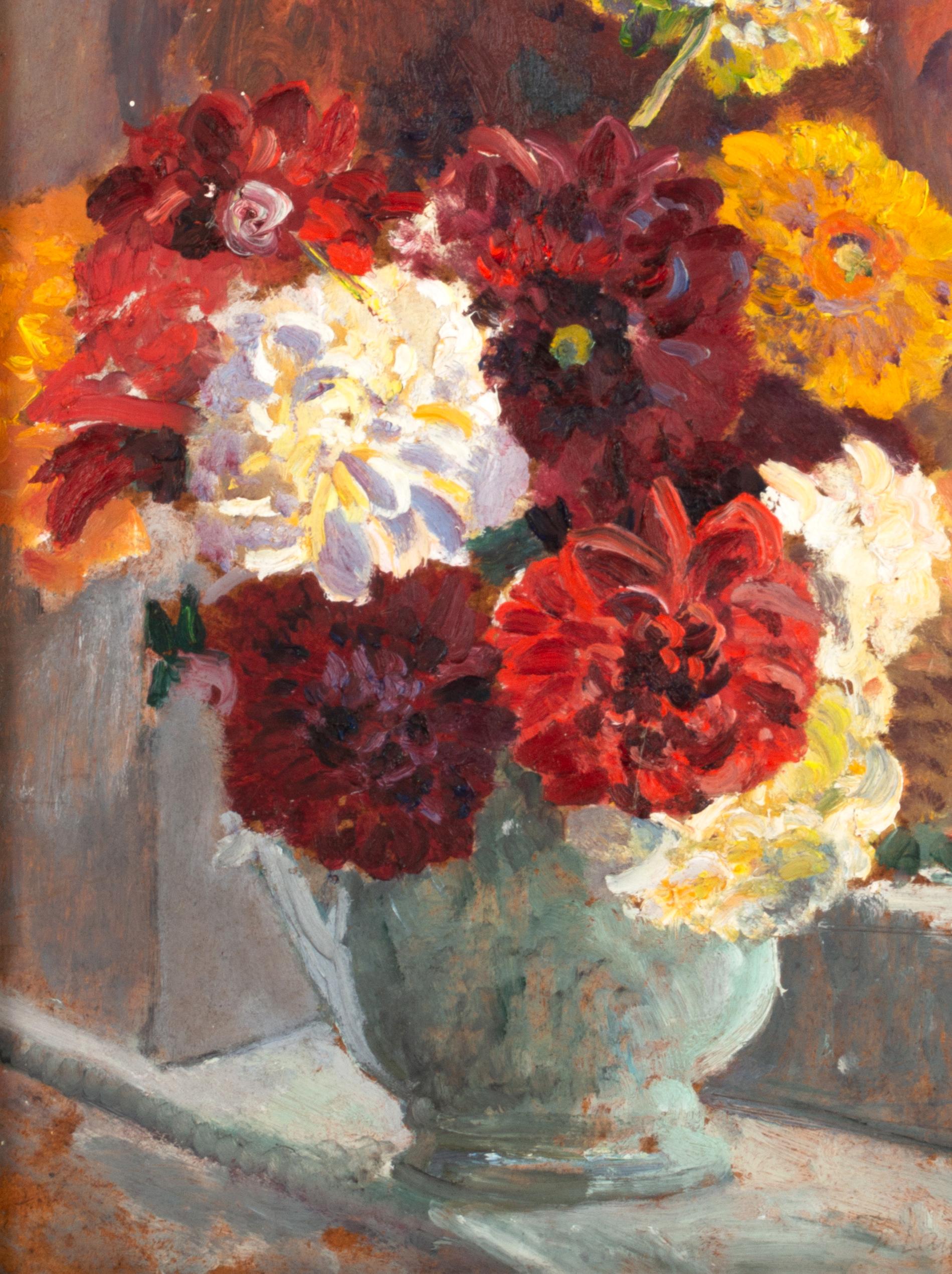 Natura morta di 'Fiori sul davanzale della finestra' olio su tavola, Inghilterra Metà del XX secolo.

Olio su tavola incorniciato dell'artista franco-inglese Minou Steiner (1940-2009).

Provenienza: Collezione di Londra. 

In ottime condizioni