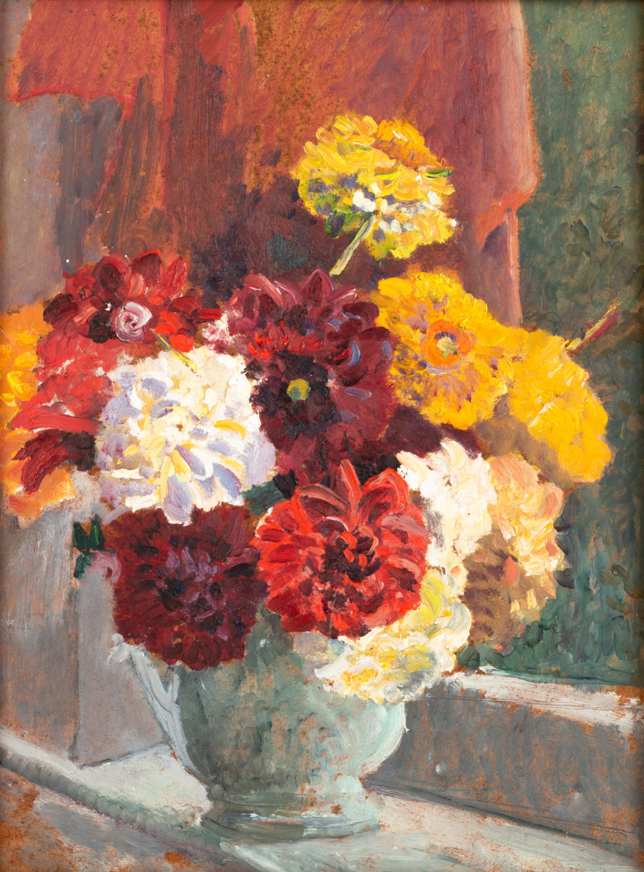 Inglese Natura morta di 'Fiori sul davanzale della finestra' Olio su tavola Minou Steiner '1940-2009' in vendita