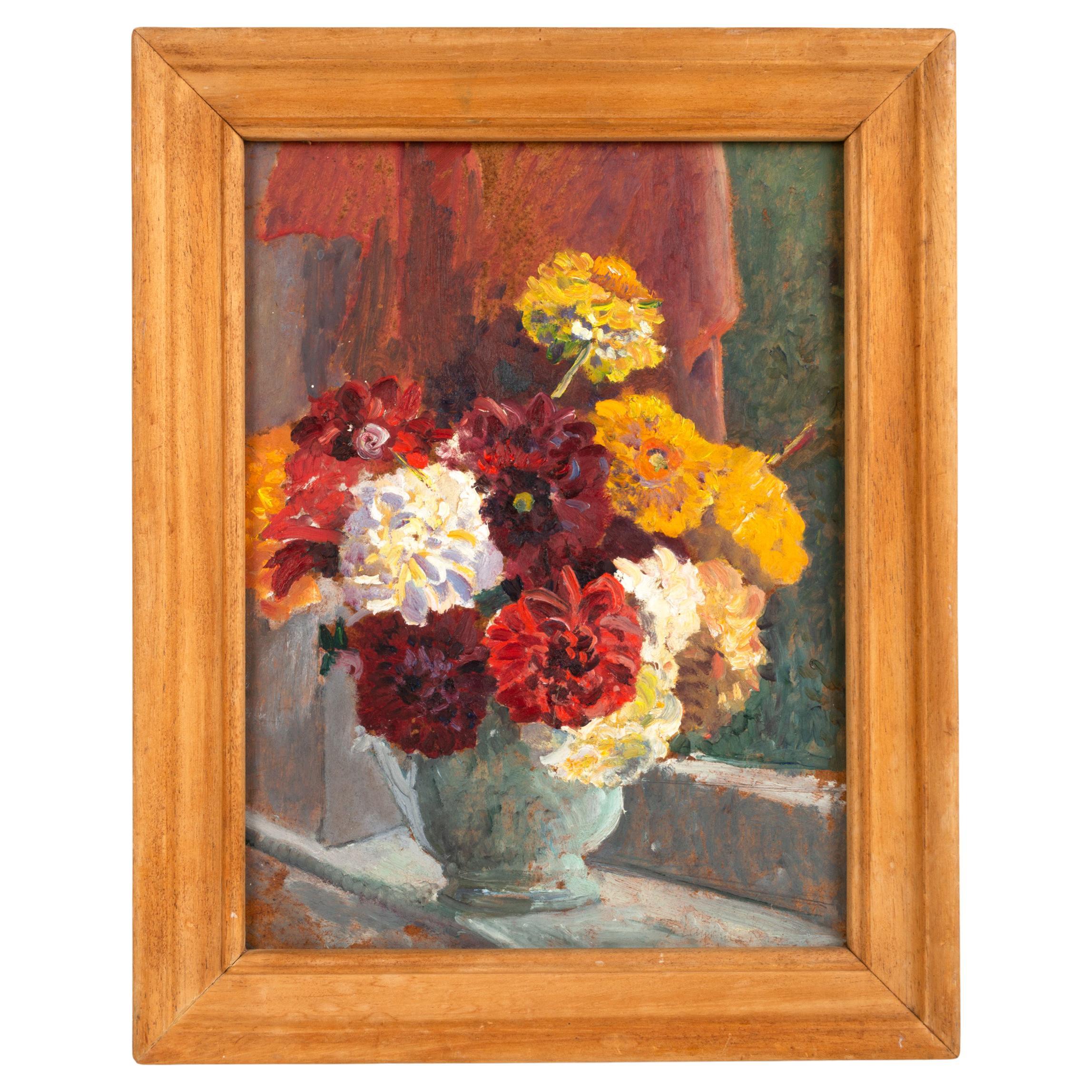 Still Life of 'Flowers on Window Sill' Oil on Board Minou Steiner '1940-2009'