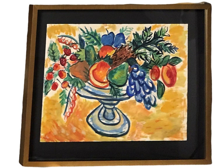 Painted by a 1950s New York City talented and unknown artist. An abundance of fruits on a footed bowl is the subject of this work. A delicious Still Life of vivid colors painted with Casein on thick art paper. The work is floating on acid free black