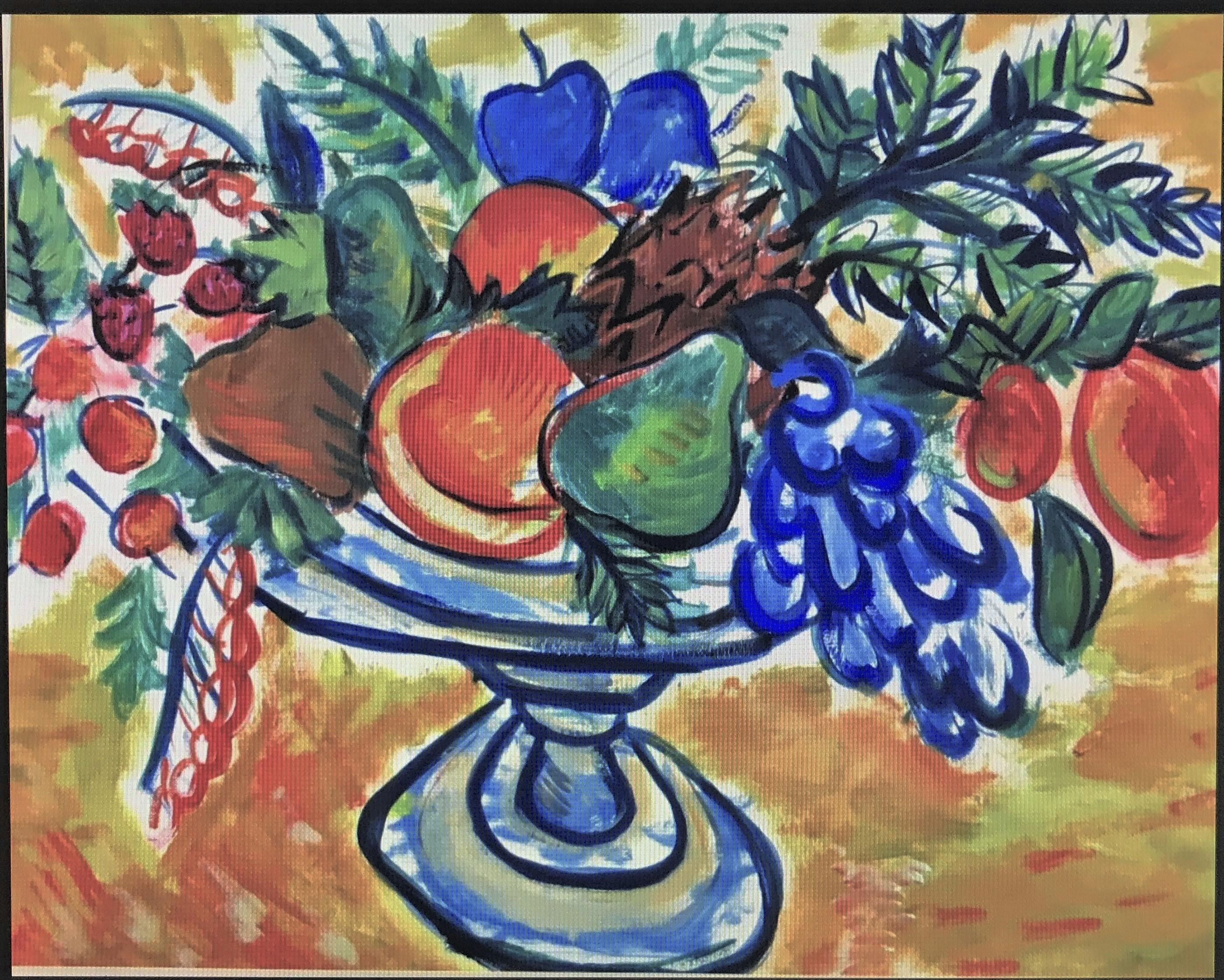 Mid-Century Modern Still Life of Fruit Bowl Casein on Paper Painting by Anonymous NYC Artist 1950s
