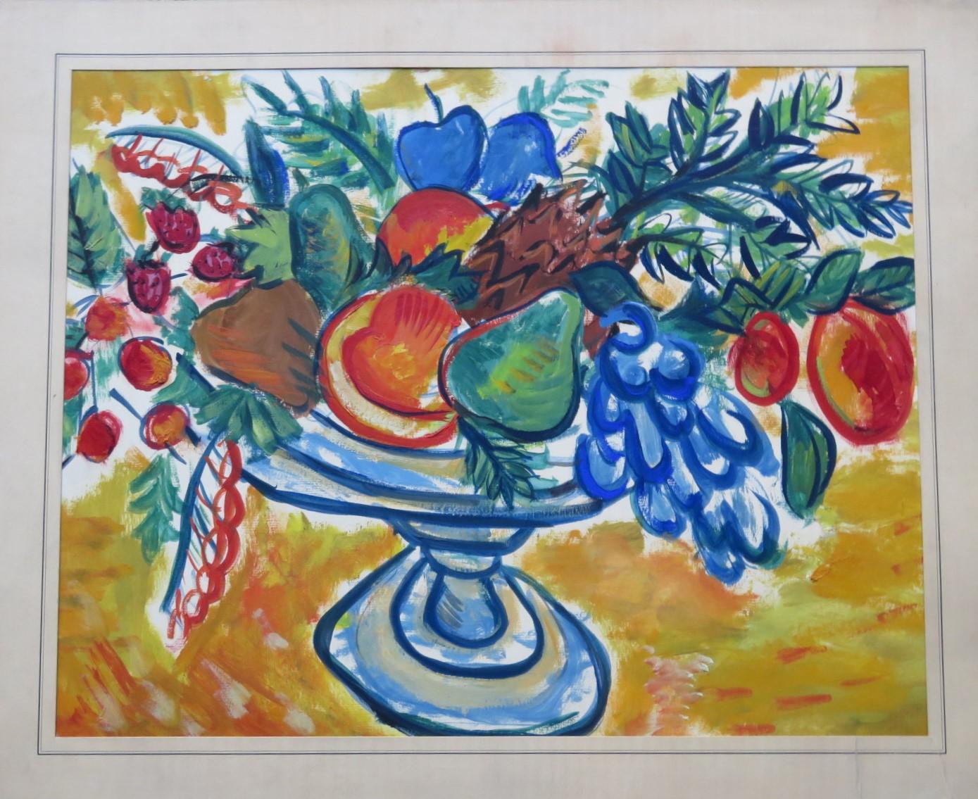 American Still Life of Fruit Bowl Casein on Paper Painting by Anonymous NYC Artist 1950s