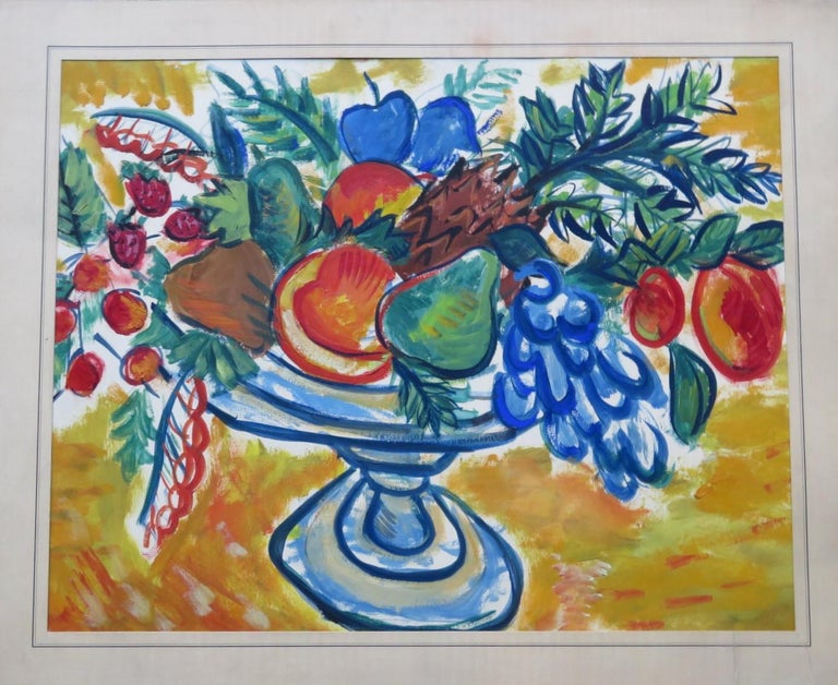 American Still Life of Fruit Bowl Casein on Paper Painting by Anonymous NYC Artist 1950s For Sale