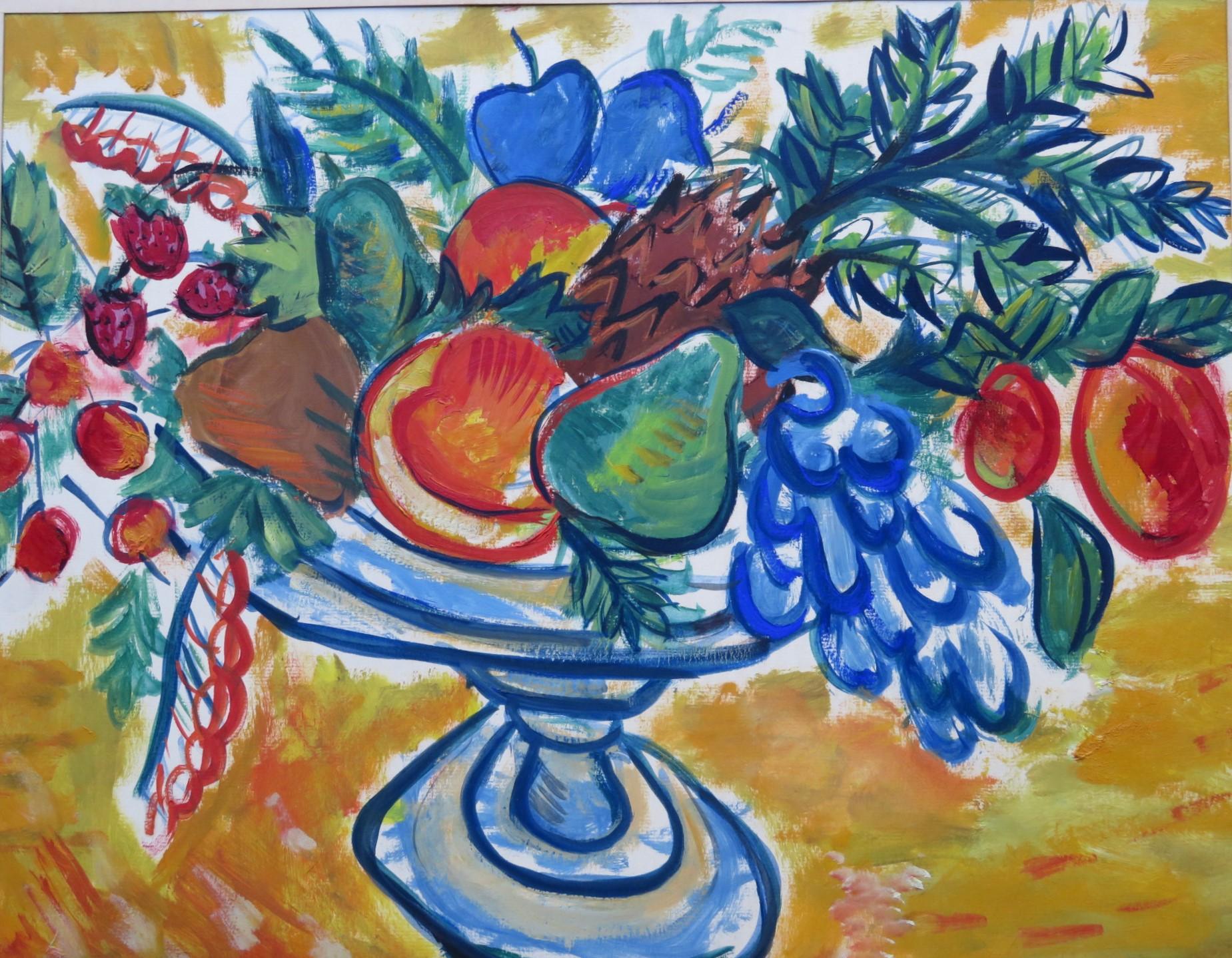 Still Life of Fruit Bowl Casein on Paper Painting by Anonymous NYC Artist 1950s In Good Condition In Miami, FL