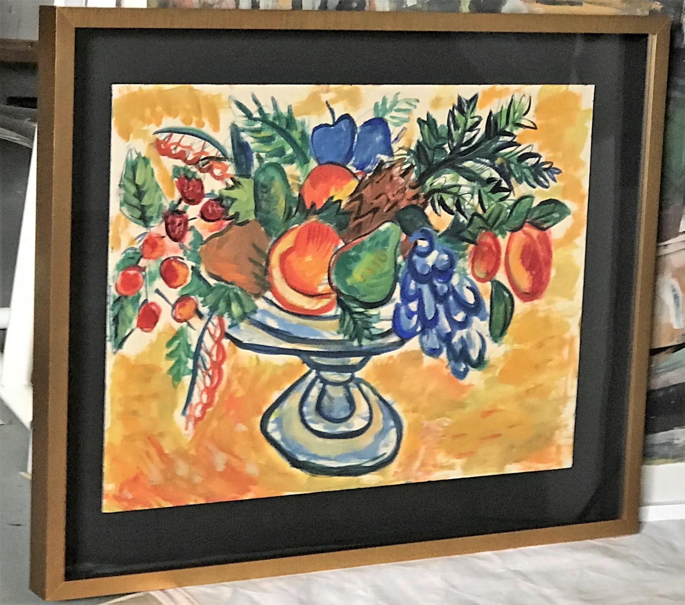 Still Life of Fruit Bowl Casein on Paper Painting by Anonymous NYC Artist 1950s 2