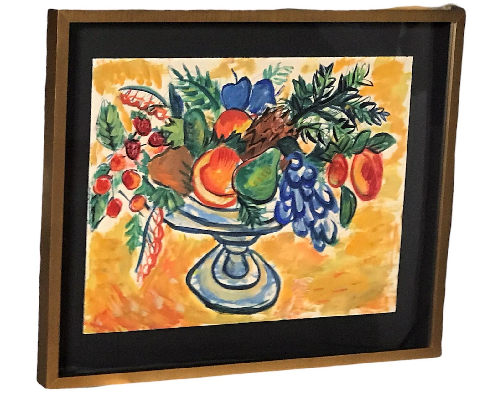 Still Life of Fruit Bowl Casein on Paper Painting by Anonymous NYC Artist 1950s 3