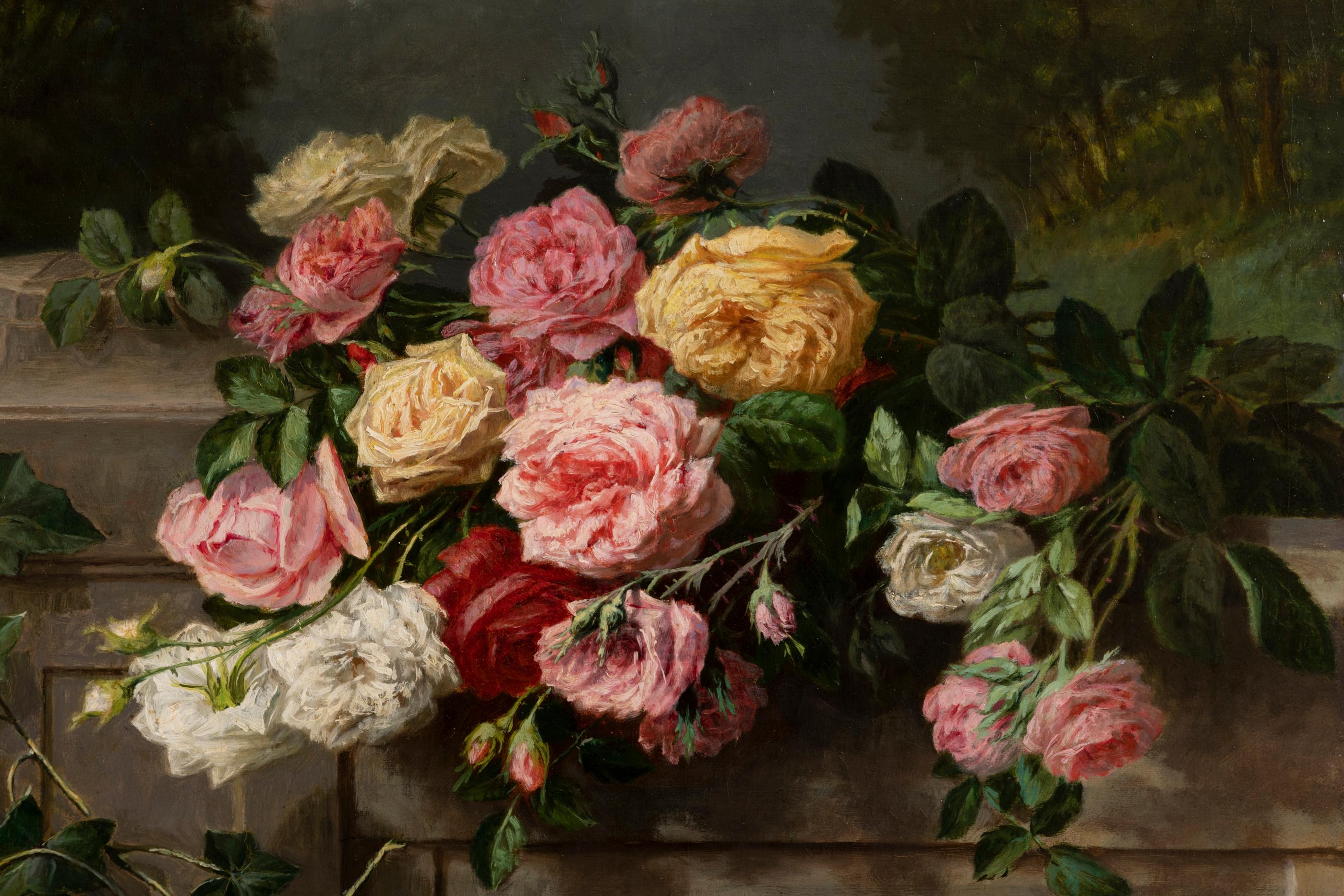 French Still Life of Thrown Roses, Jean Bonnet 1878, 19th Century For Sale