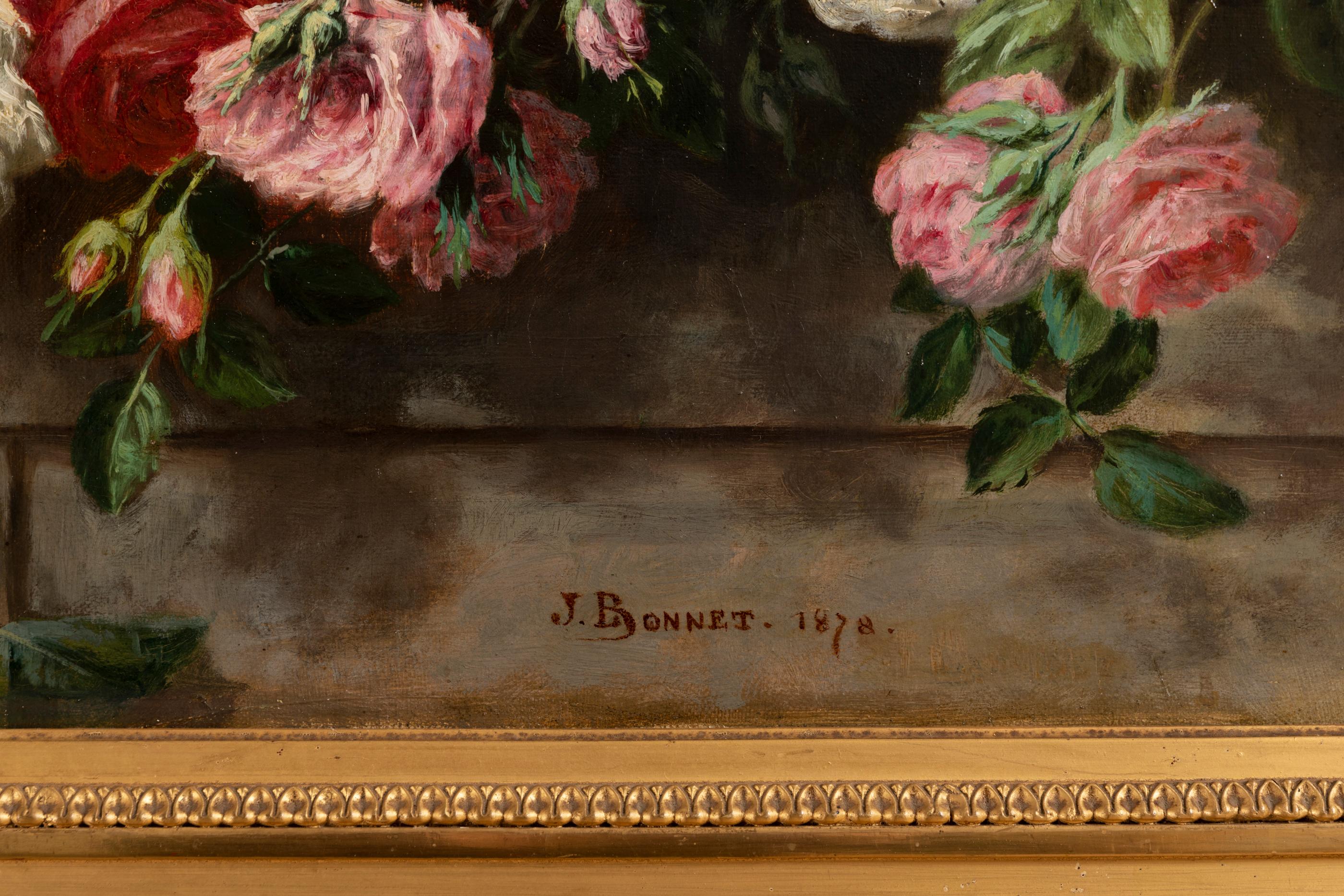 Oiled Still Life of Thrown Roses, Jean Bonnet 1878, 19th Century For Sale