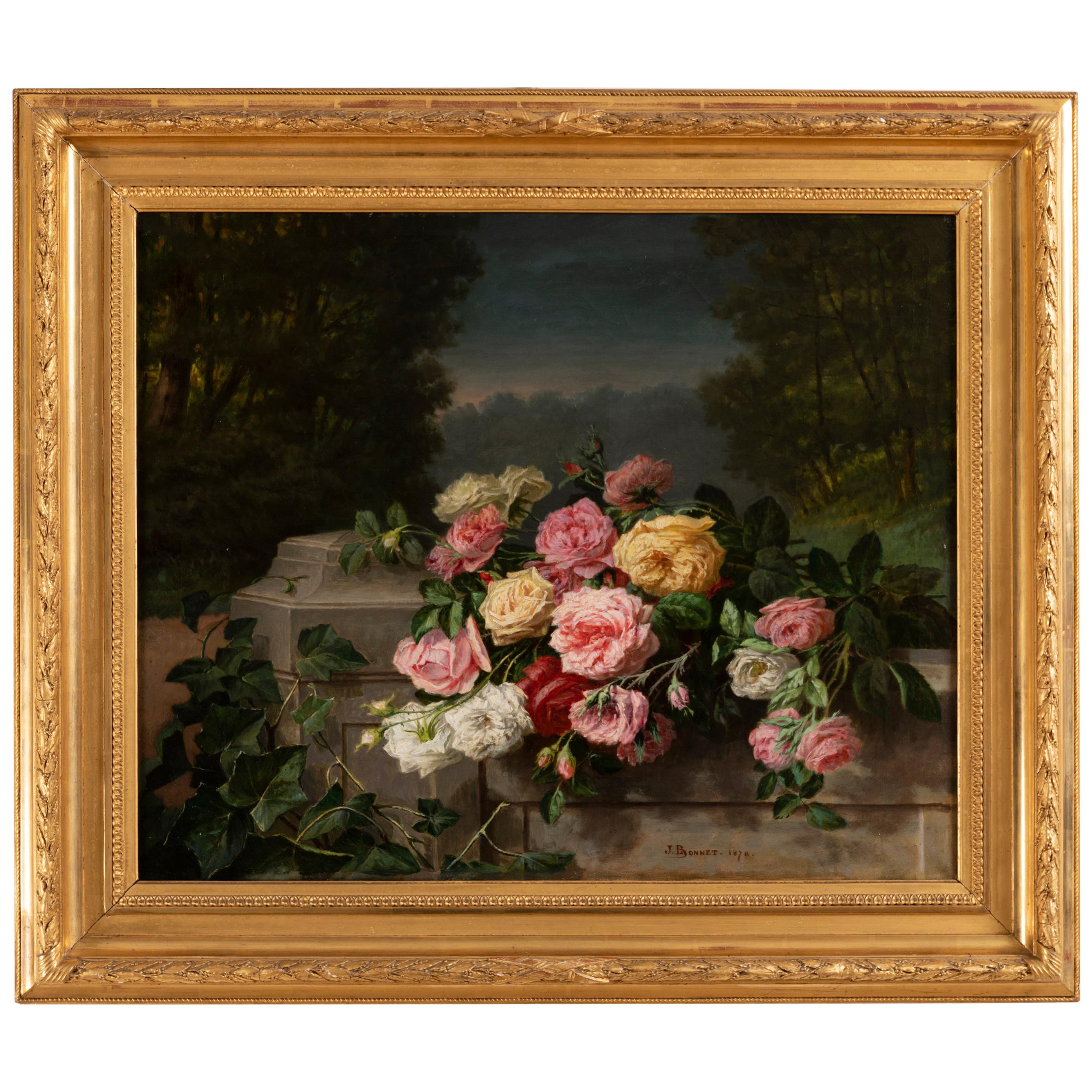 Still Life of Thrown Roses, Jean Bonnet 1878, 19th Century For Sale