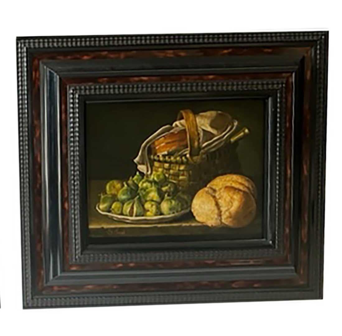 A pair of Flemish style, 17th century oil on board still life paintings. In faux tortoiseshell rippled frames. 20th Century.