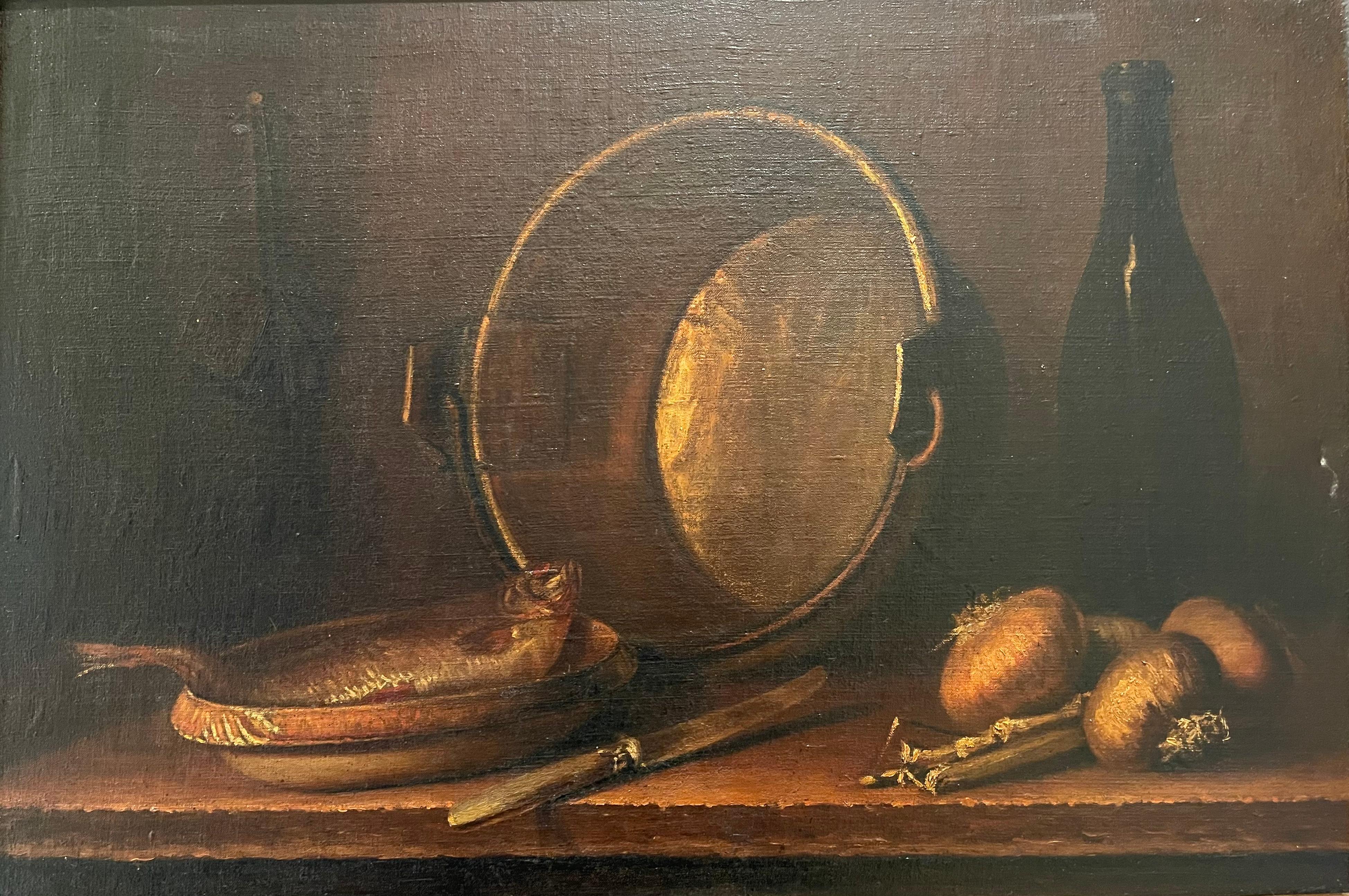 Oil on canvas depicting a still life with a fish, onions and wine in the foreground. This painting is in good condition.

Dimensions
With frame - W 76,5cm x H 55cm
Without frame - W 66cm x H 45cm.