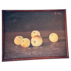 Still Life Oil on Canvas: Apples with Light and Shadow, Dark Wood Frame