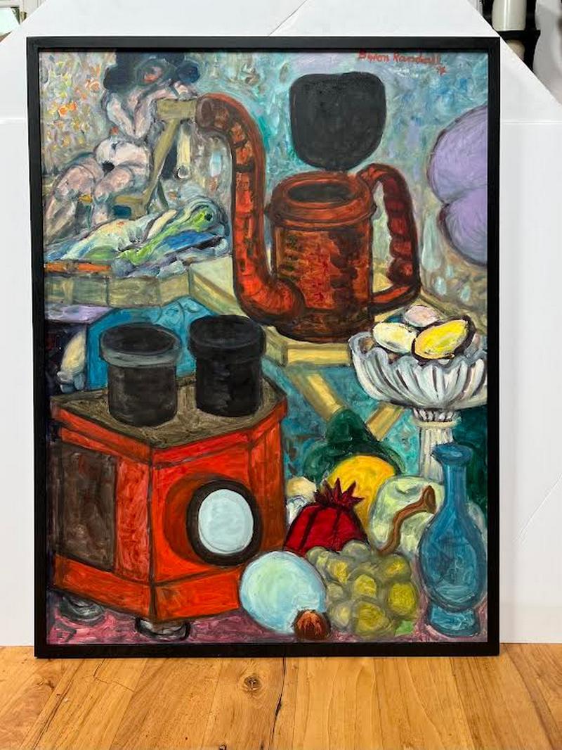 A beautifully expressive still life painted with oil on canvas signed and dated 1994.
This piece is a great combination of Randall's typical subjects, woman figures, and fruit. 
Randall is a master of filling the canvas with bold colors. 
Born in