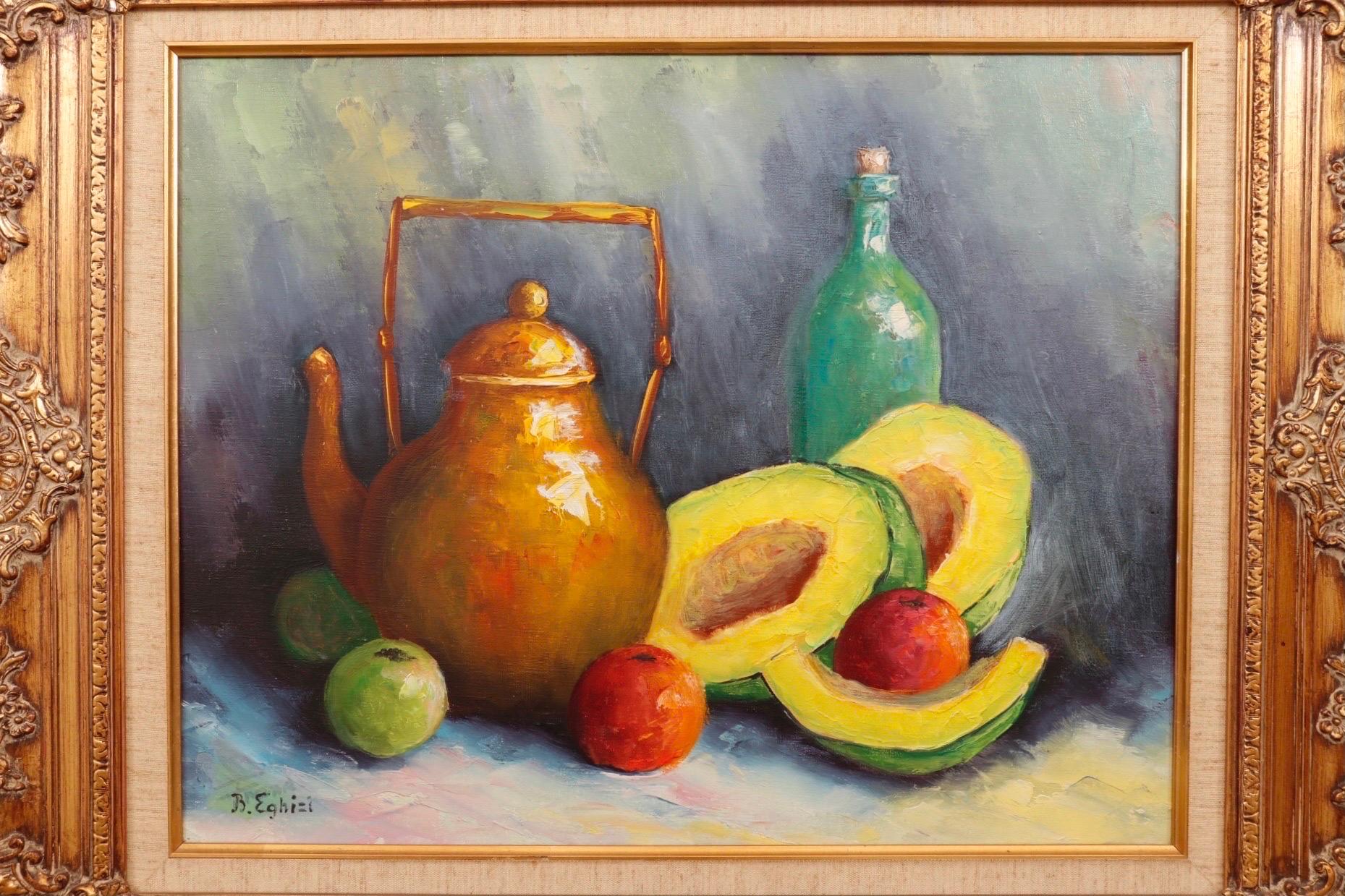 An oil on canvas still life depicting a teapot, wine bottle and fruit, signed by the artist in the bottom left corner. The ornately carved wooden frame is painted gold, made by G & A Van Den Bogaerde Ltd. of Belgium, the makers label can be seen on