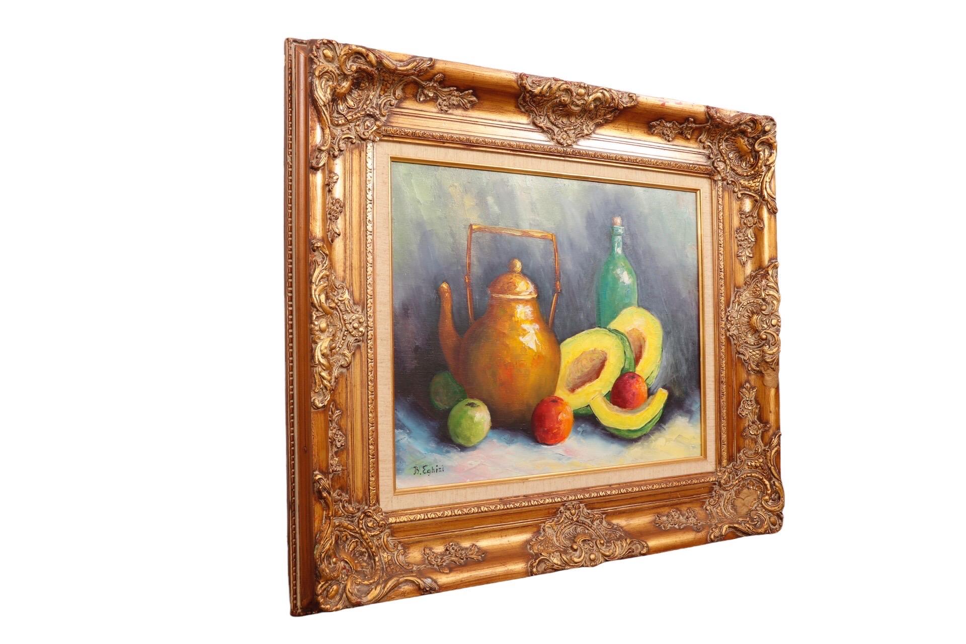 Still Life Oil on Canvas in Gilt Frame In Good Condition For Sale In Bradenton, FL