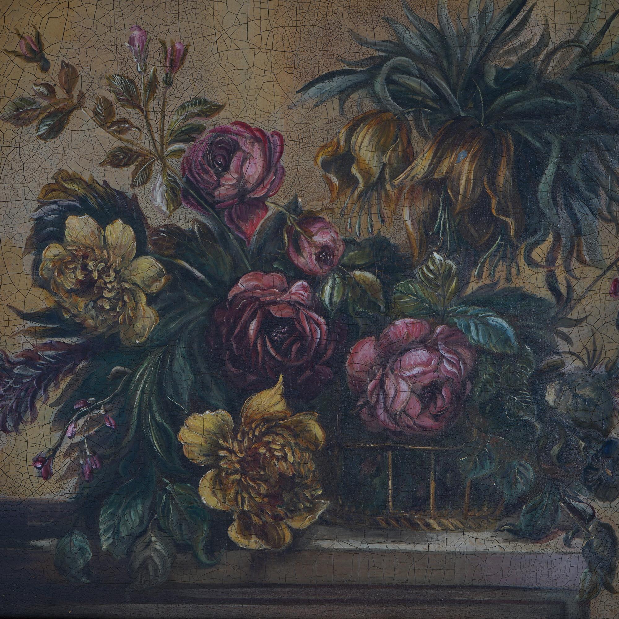 Stillleben Öl auf Leinwand Gemälde von Garten Blumen in Tischplatte Vase, Giltwood gerahmt, 20.

Maße: 27''H x 31,5''D x 4,75''D; 23,5'' x 19,5''D