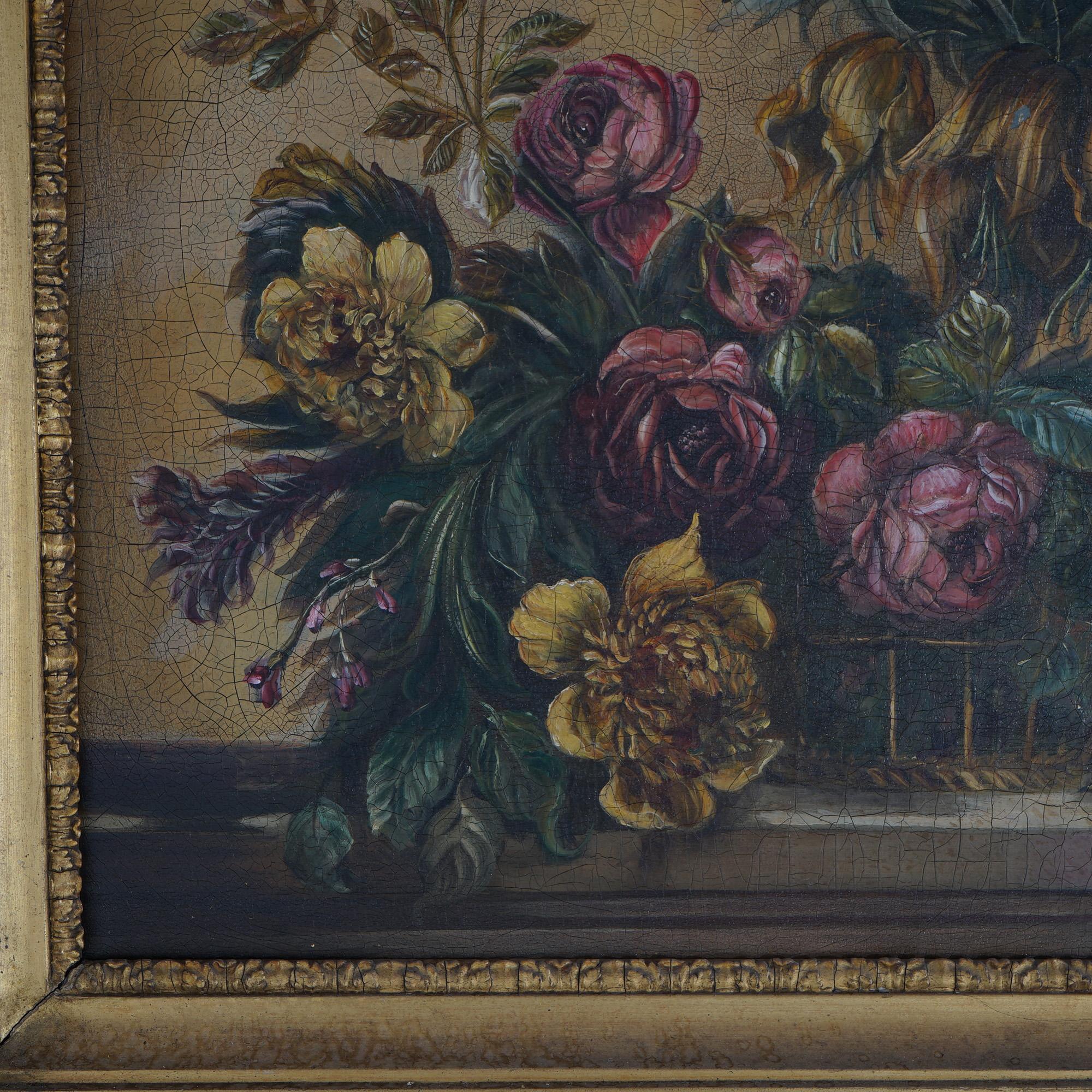 Hand-Painted Still Life Oil On Canvas Painting, Garden Flowers in Table Top Vase 20thC For Sale