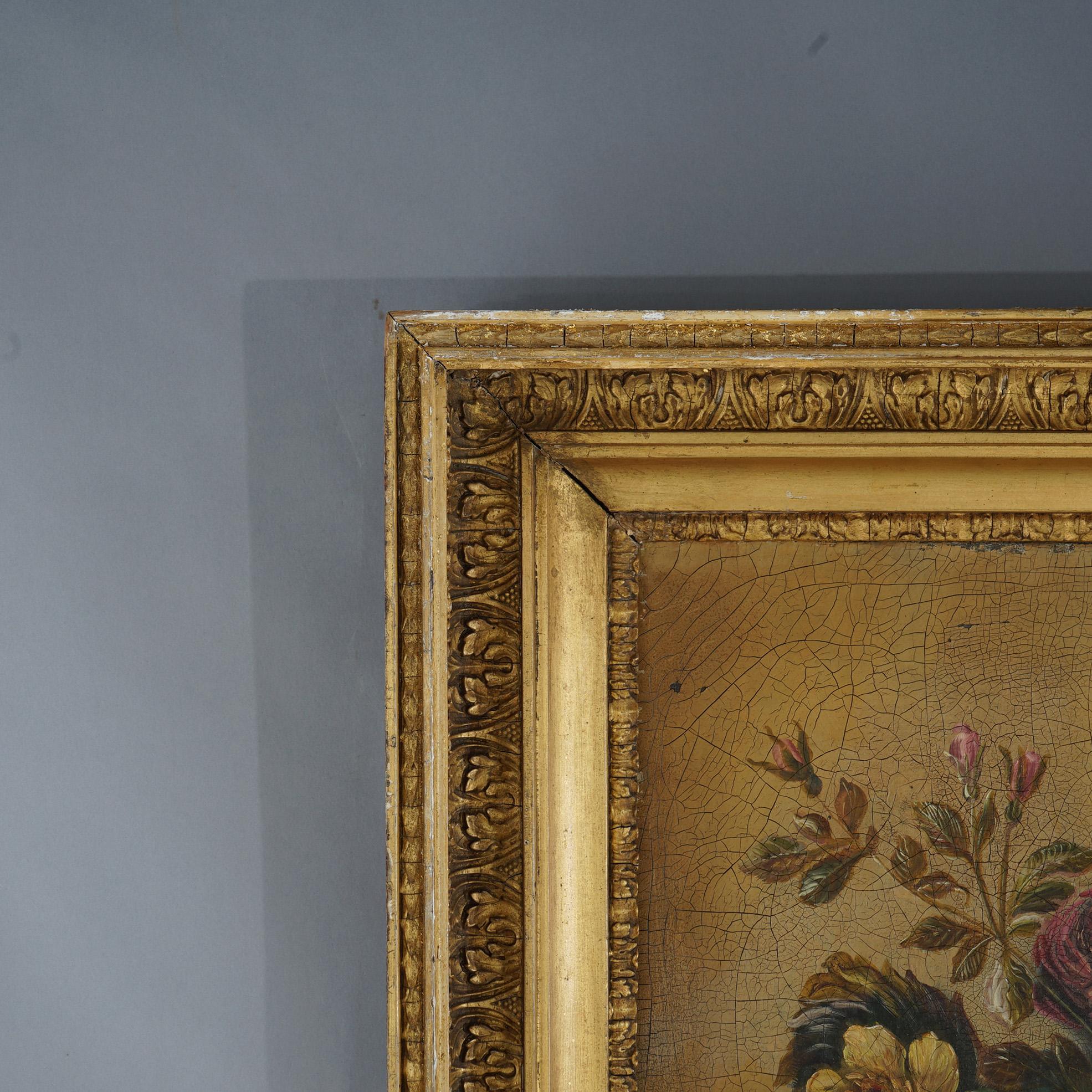 Stillleben Öl auf Leinwand Gemälde, Gartenblumen in Tischplatte, Vase, 20. Jahrhundert im Zustand „Gut“ im Angebot in Big Flats, NY