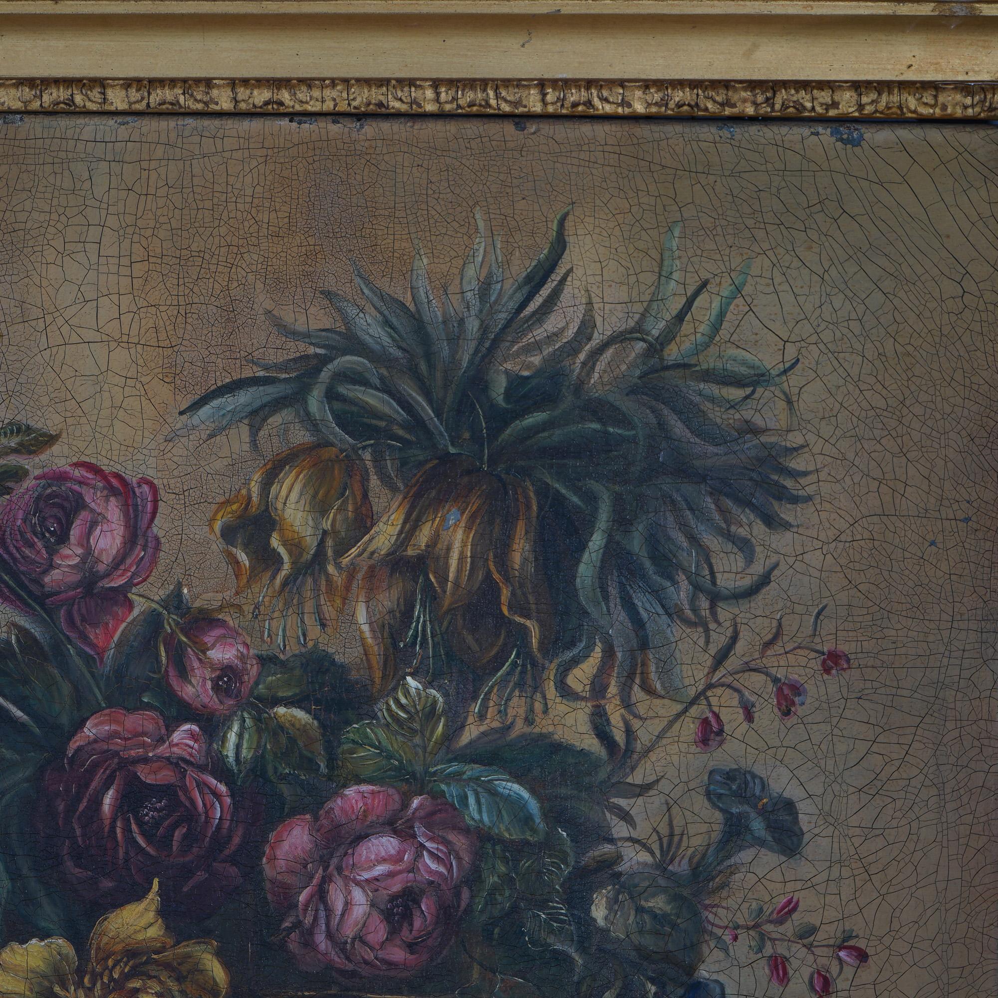Stillleben Öl auf Leinwand Gemälde, Gartenblumen in Tischplatte, Vase, 20. Jahrhundert im Angebot 2