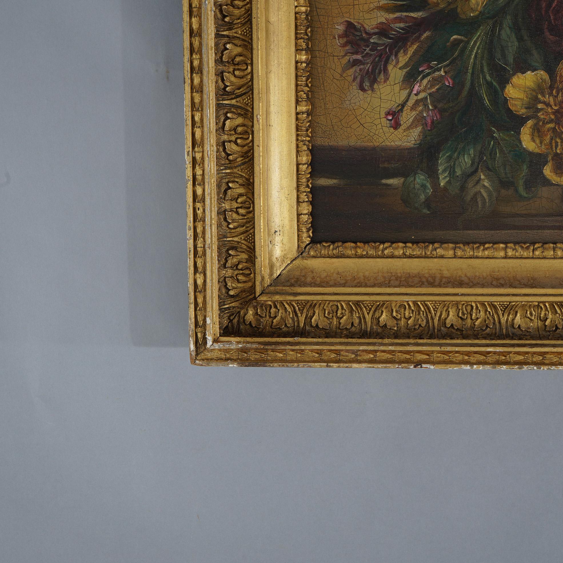 Stillleben Öl auf Leinwand Gemälde, Gartenblumen in Tischplatte, Vase, 20. Jahrhundert im Angebot 3