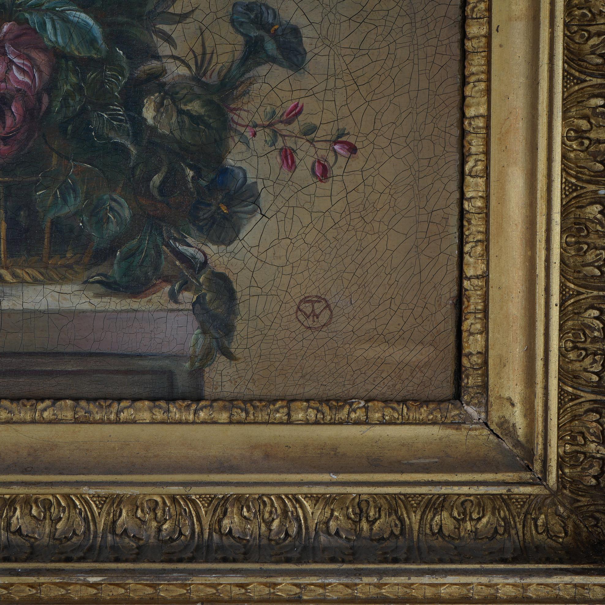 Stillleben Öl auf Leinwand Gemälde, Gartenblumen in Tischplatte, Vase, 20. Jahrhundert im Angebot 4