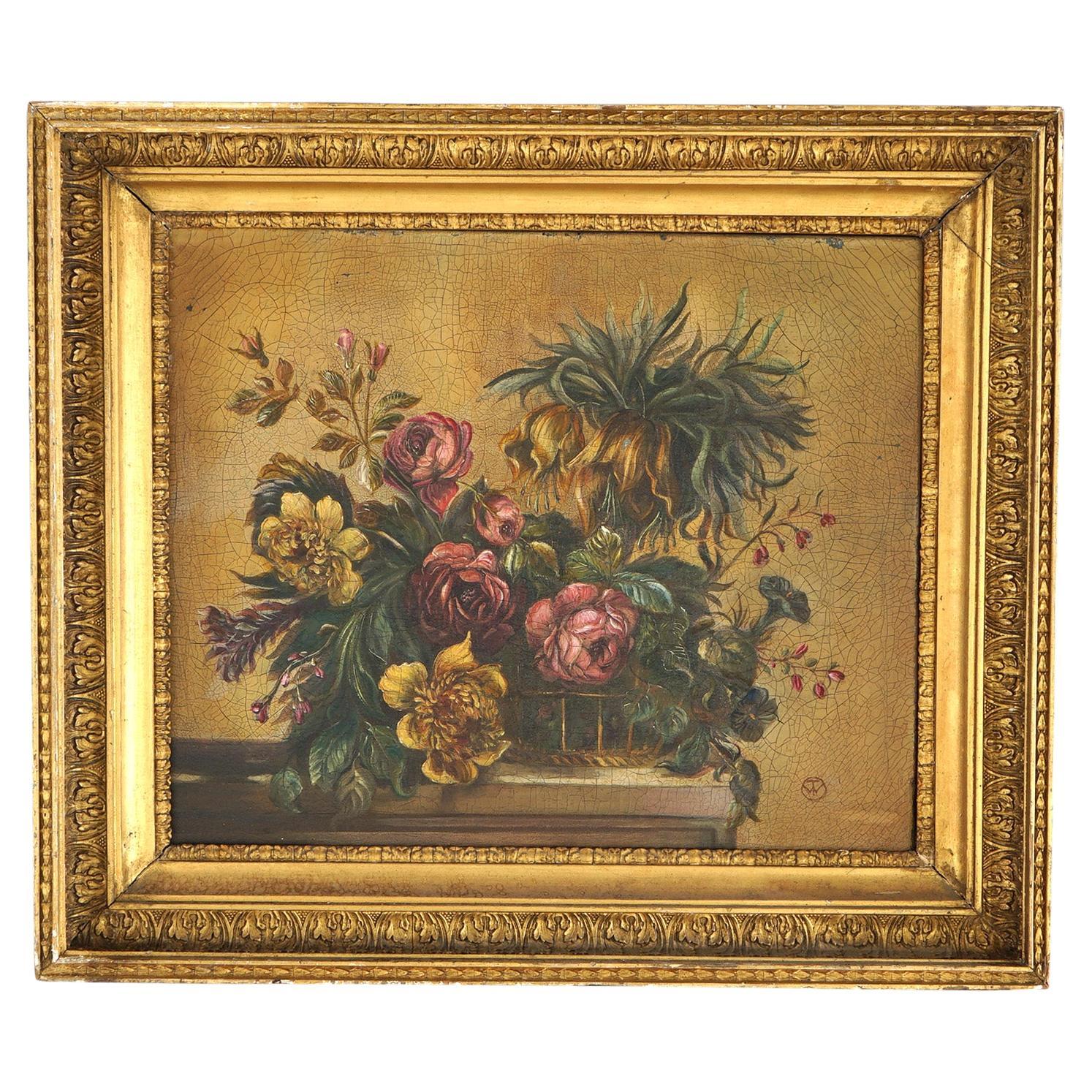 Still Life Oil On Canvas Painting, Garden Flowers in Table Top Vase 20thC For Sale