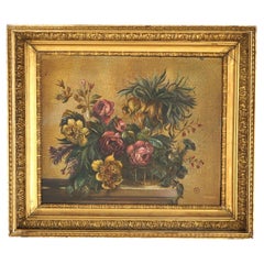 Nature morte à l'huile sur toile, fleurs de jardin dans un vase de table 20e siècle