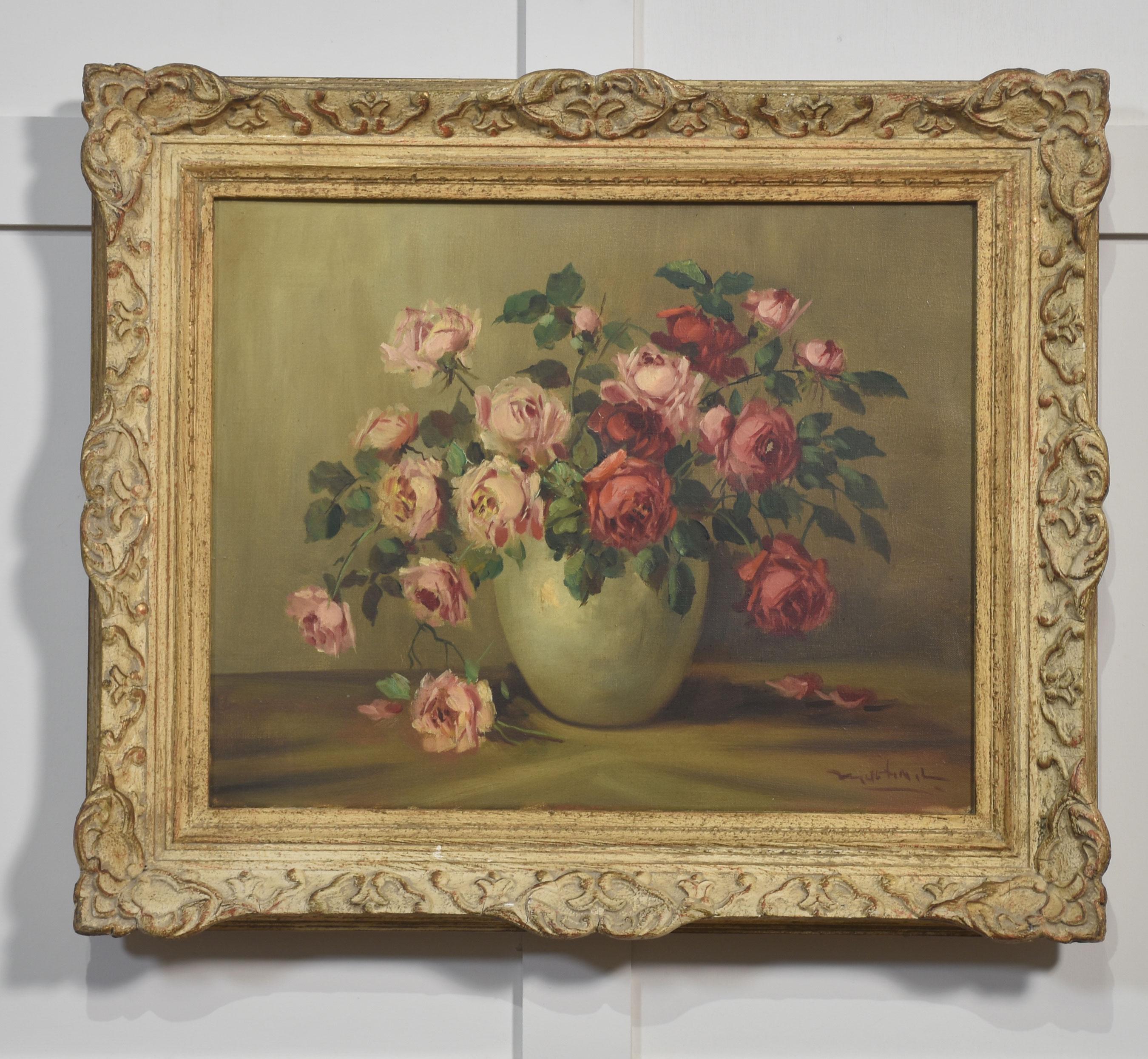  beautifully composed still life oil painting by Italian artist Mario Sperduti, depicting a lush bouquet of pink and red roses arranged in a soft green vase. Sperduti’s confident brushwork and refined color palette bring a delicate realism and