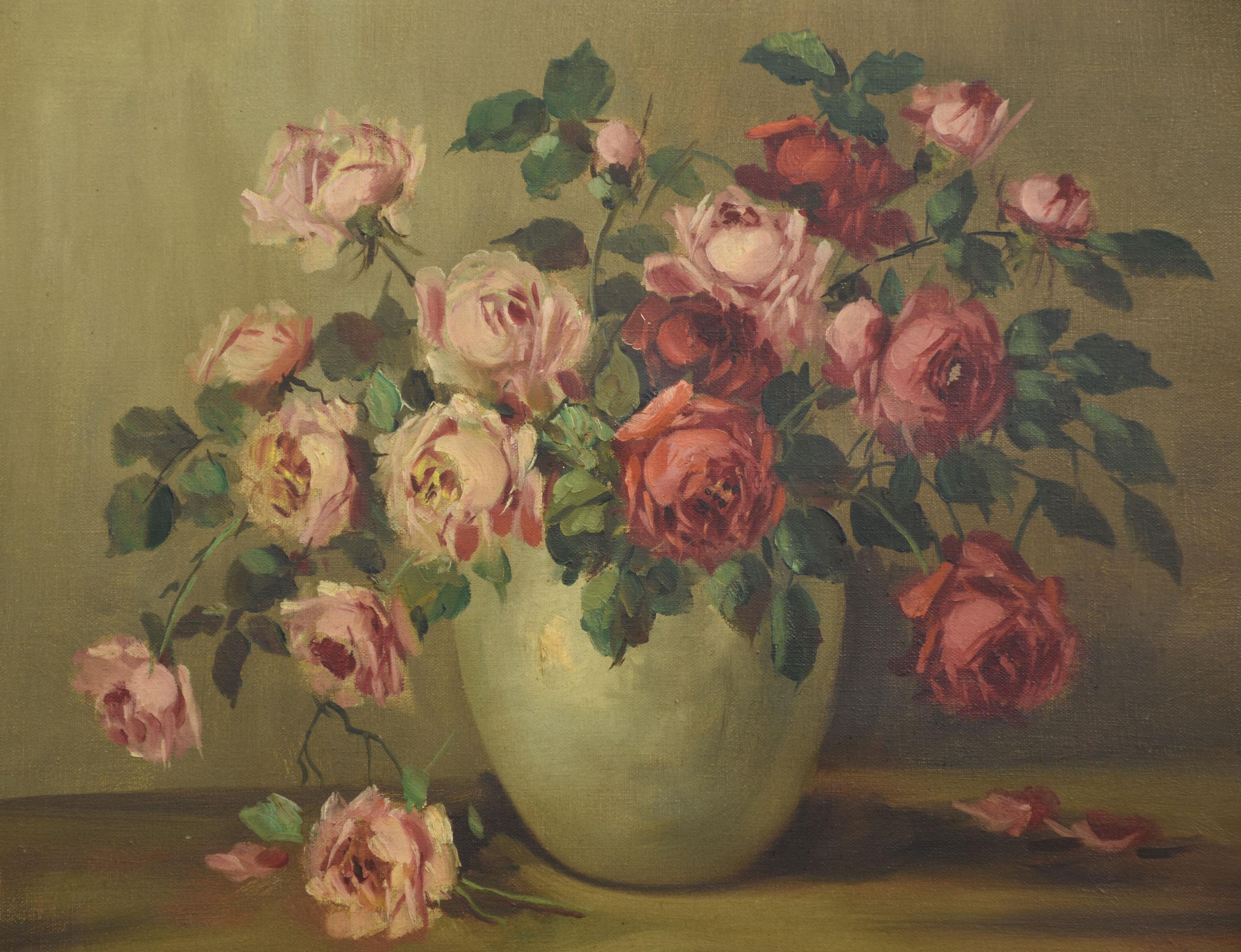 Still Life Oil on Canvas Roses in Vase In Good Condition For Sale In Cheshire, GB