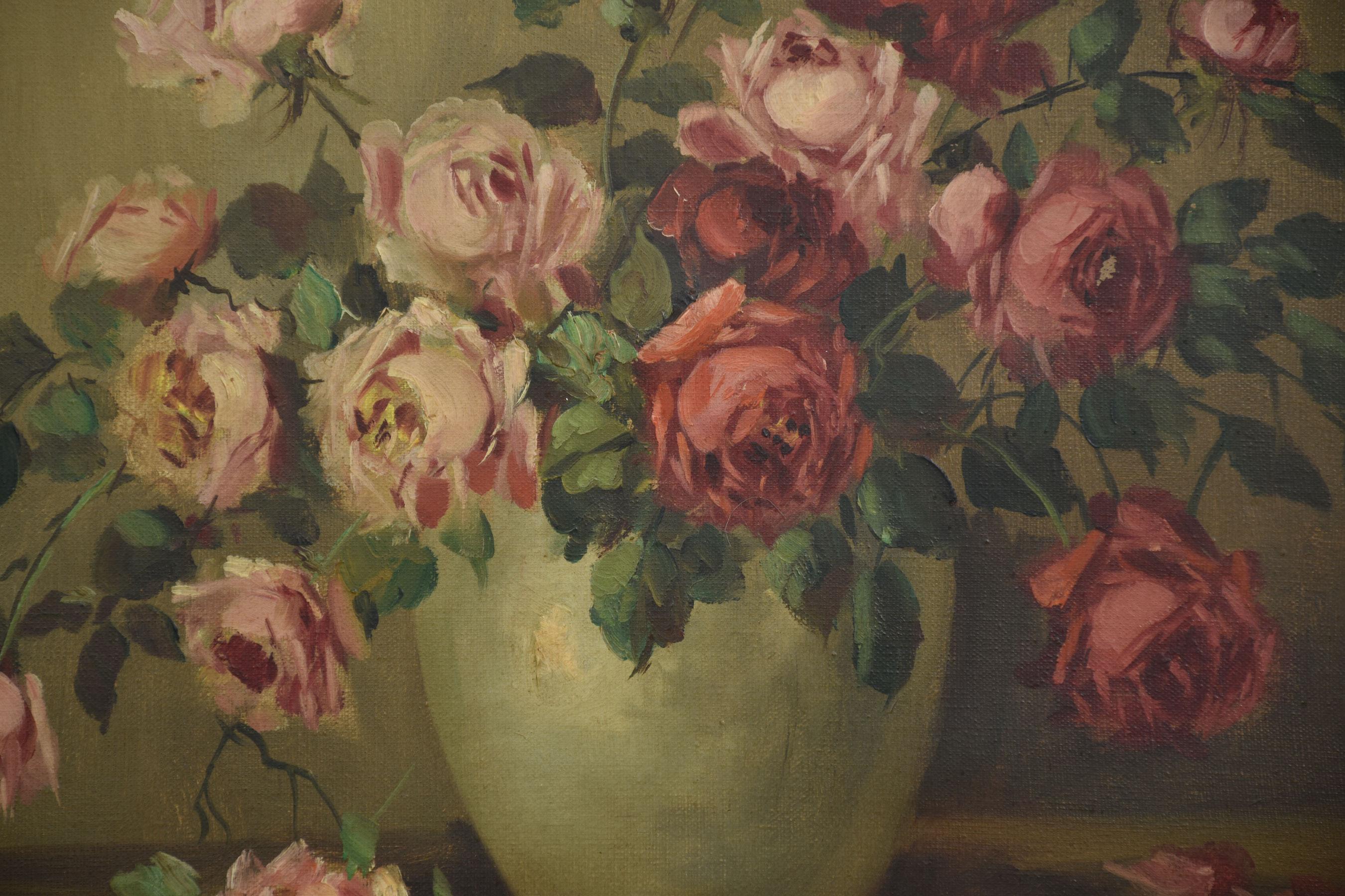 20th Century Still Life Oil on Canvas Roses in Vase For Sale