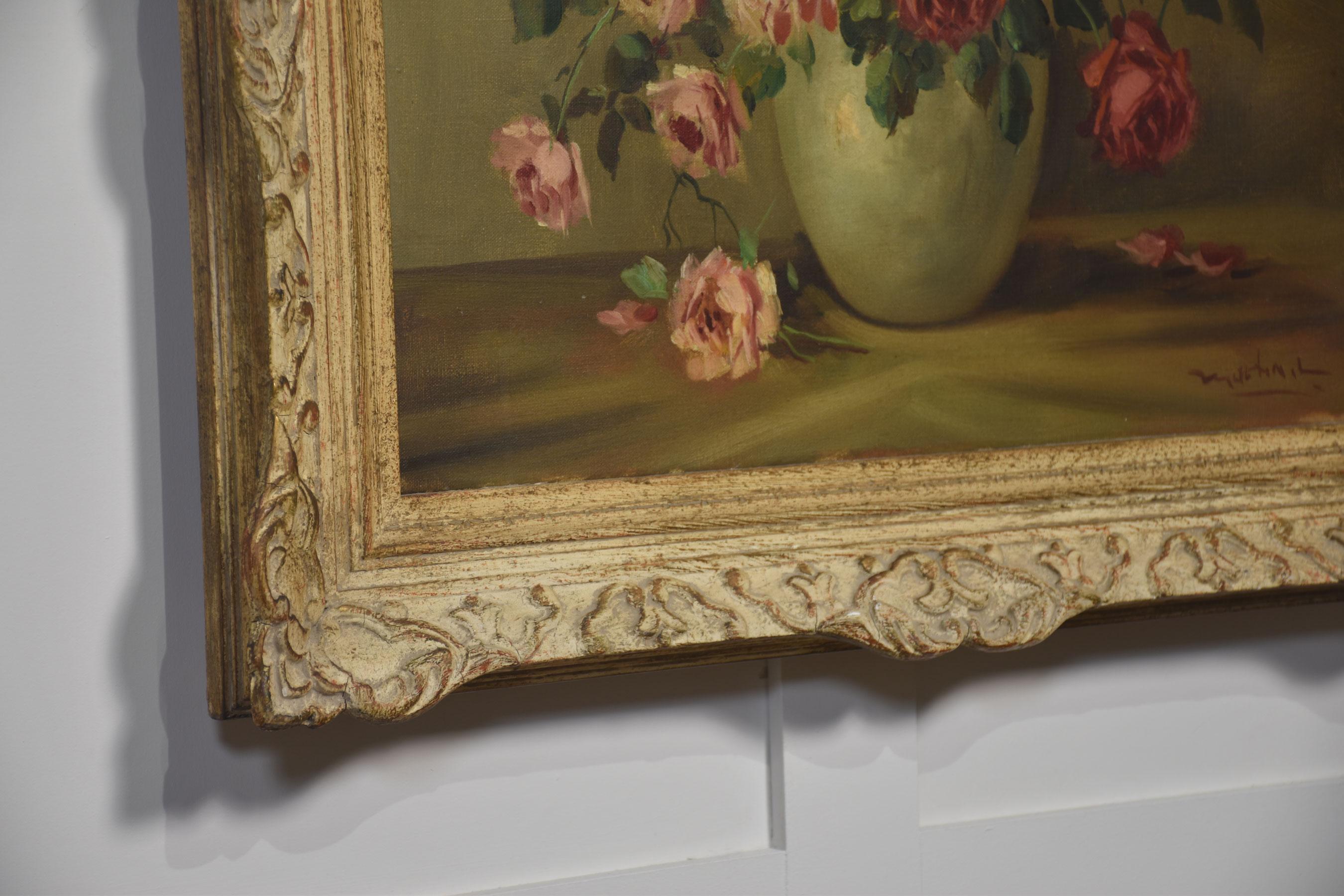 Paint Still Life Oil on Canvas Roses in Vase For Sale